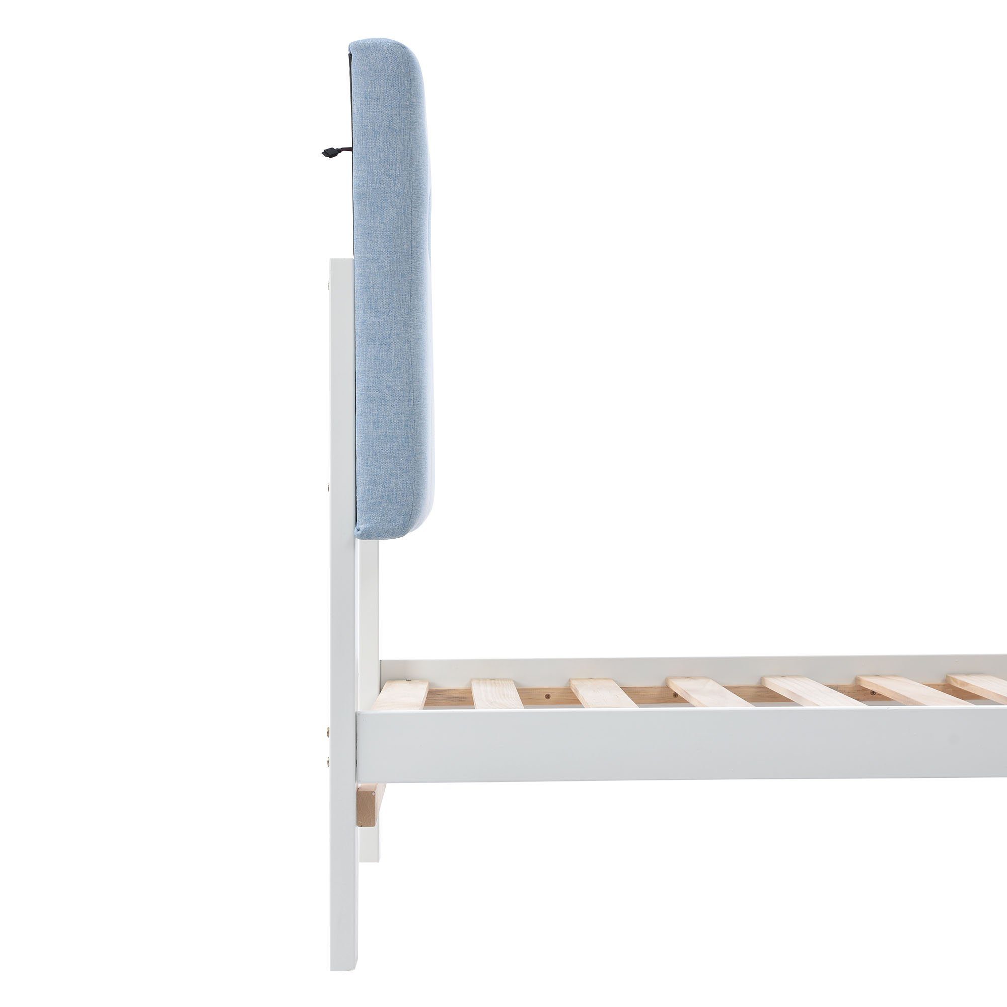 Massivholzbett (Einzelbett Jugendbett), mit LED-Beleuchtung & Polsterkopfteil, 90x200cm