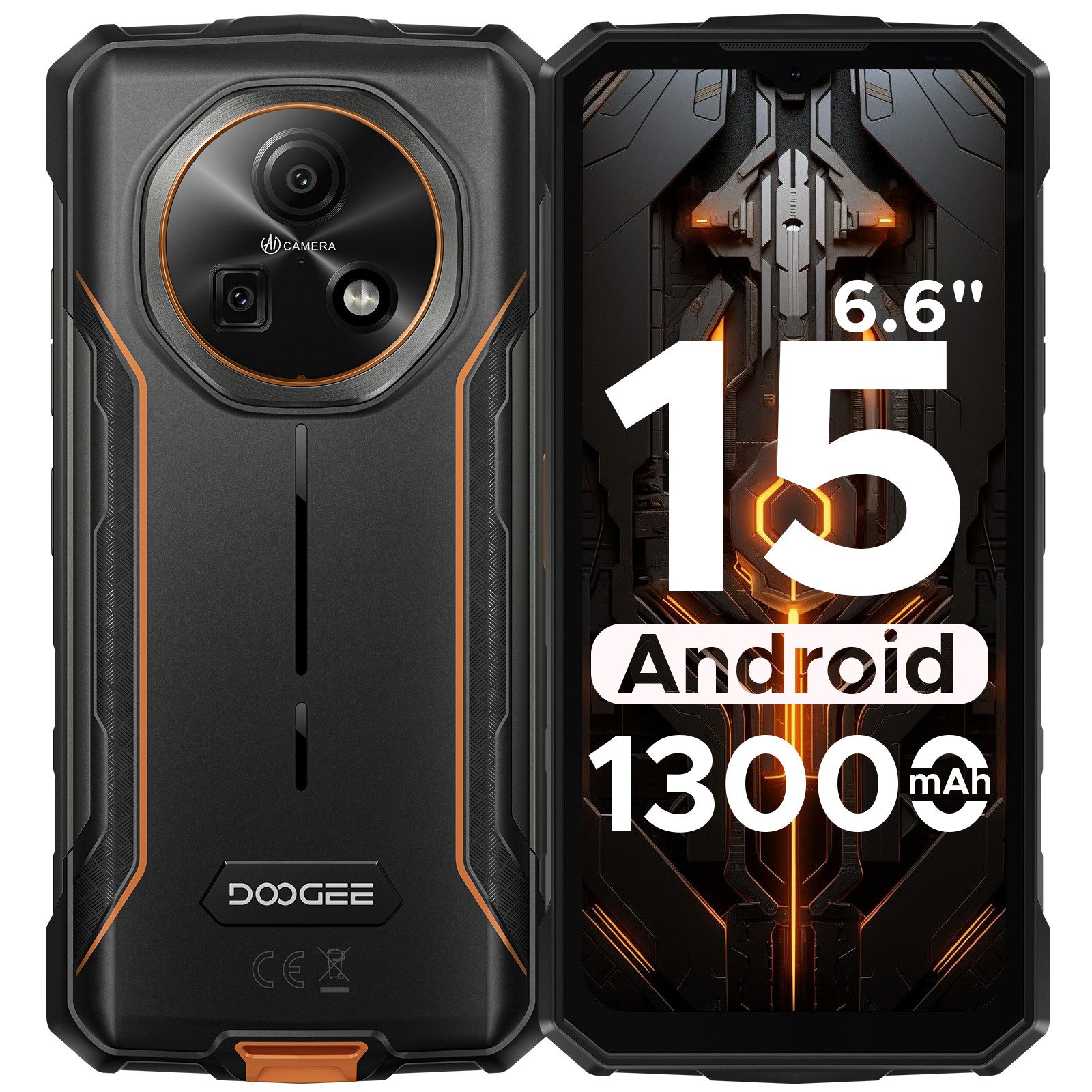 DOOGEE Fire 5 Android 15 Outdoor Handy 13000mAh Großer Akku Smartphone (16,7 cm/6.6 Zoll, 64 GB Speicherplatz, 13 MP Kamera, 6.6'' HD+ 90Hz, 13MP + 8MPKamera, 3GB +64GB, NFC/ OTG/ Triple-Slot)