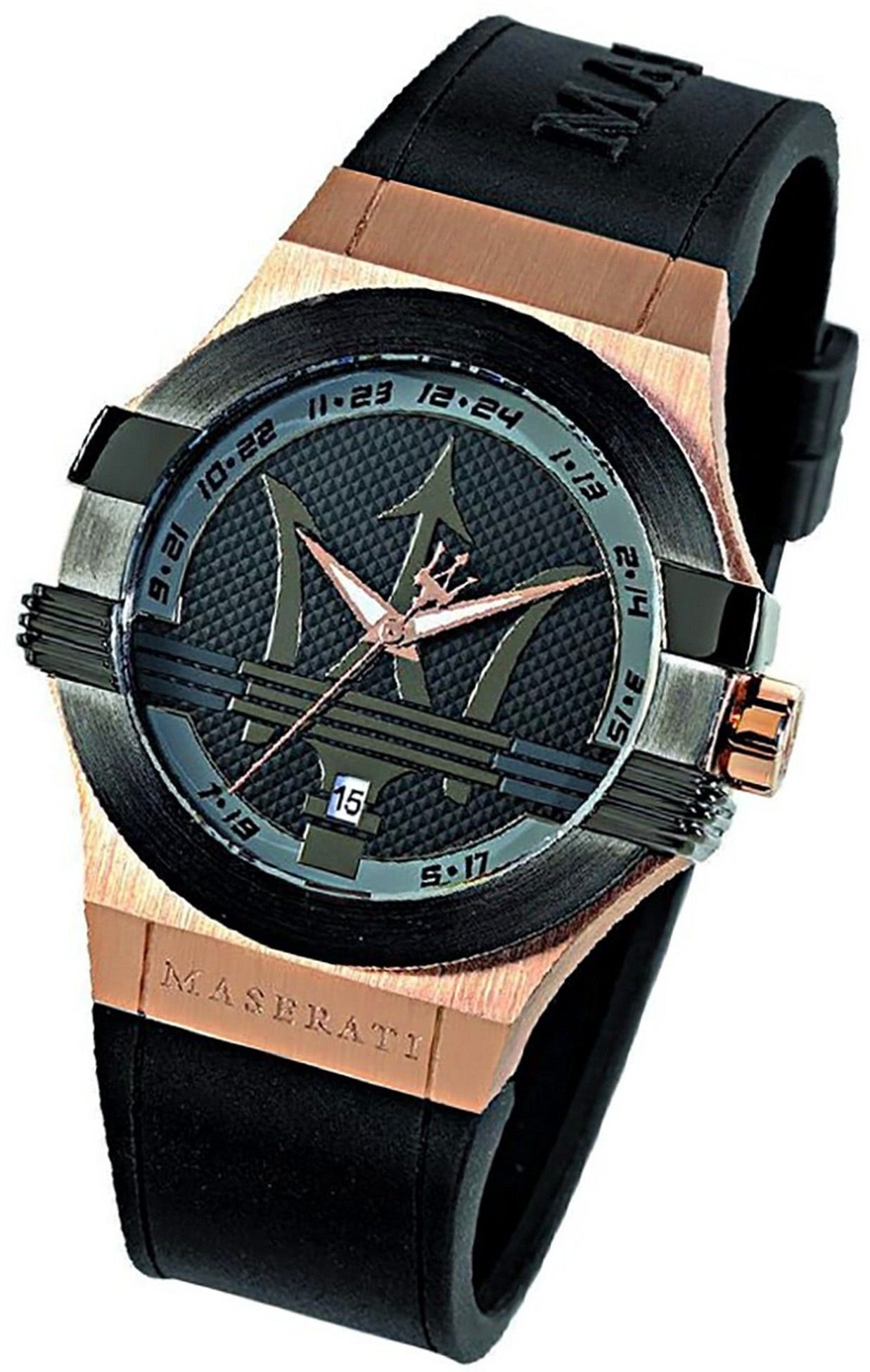 MASERATI Quarzuhr Maserati Silikon Armband-Uhr, Herrenuhr Silikonarmband, rundes Gehäuse, groß (ca. 52x40mm) schwarz