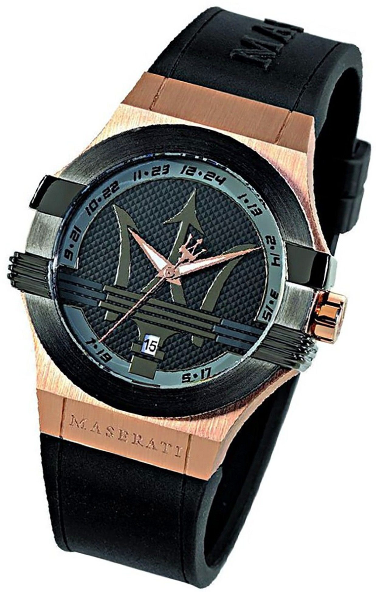 Herrenuhr groß 52x40mm) schwarz MASERATI Silikon Silikonarmband, Maserati (ca. Gehäuse, Quarzuhr Armband-Uhr, rundes