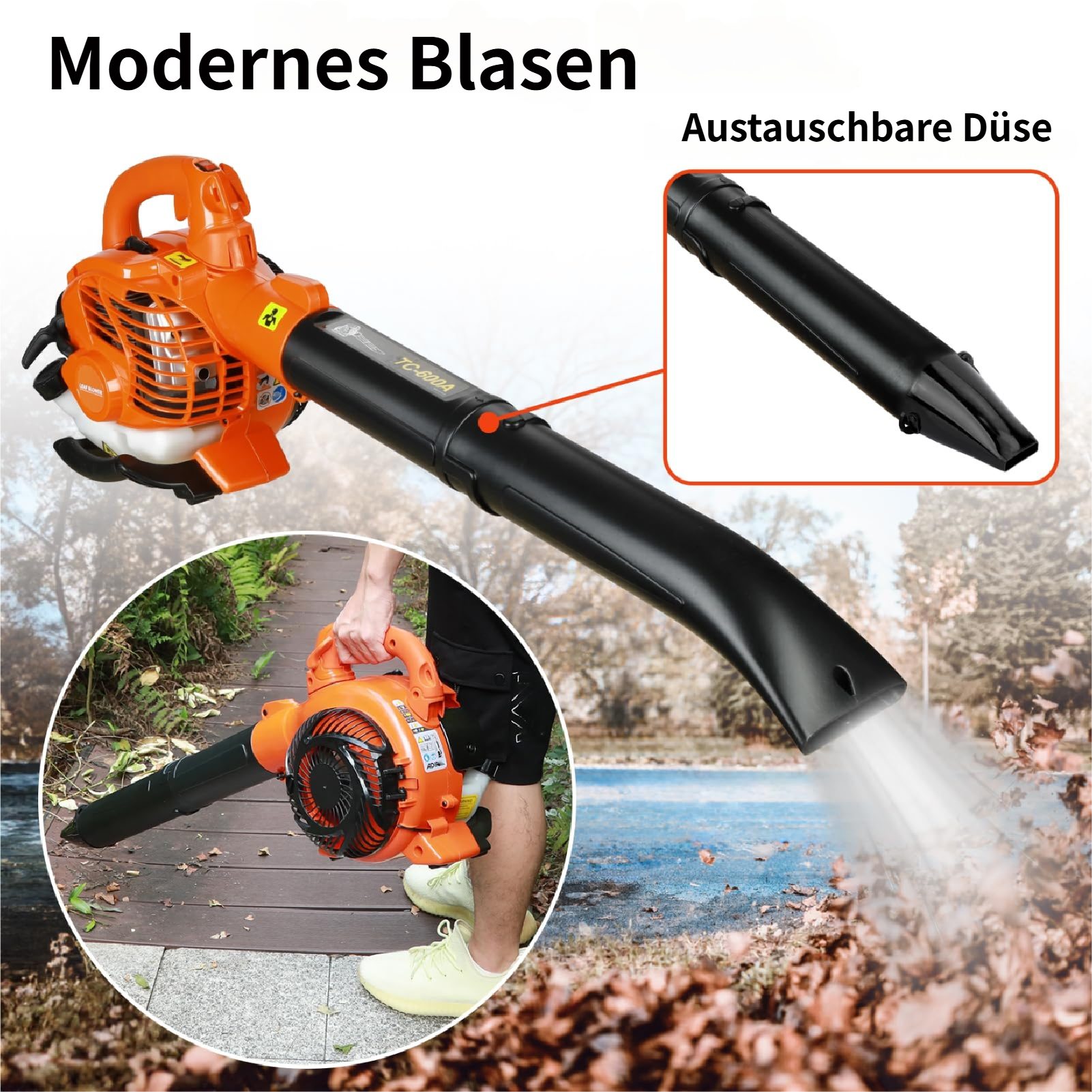 Rutaqian Benzin-Laubbläser 26 cm³ 2-Takt Benzin-Laubbläser 2-in-1 Laubsauger mit Häckselfunktion, (Leistungsstarker und zuverlässiger Zweitaktmotor mit 26 cm³ Hubraum, Benzin Gebläse umbaubar zum Gartensauger & Laubhäcksler), 720 m³/h inkl,Gartensauger mit 1 Fangsack & 6 Zubehörrohre