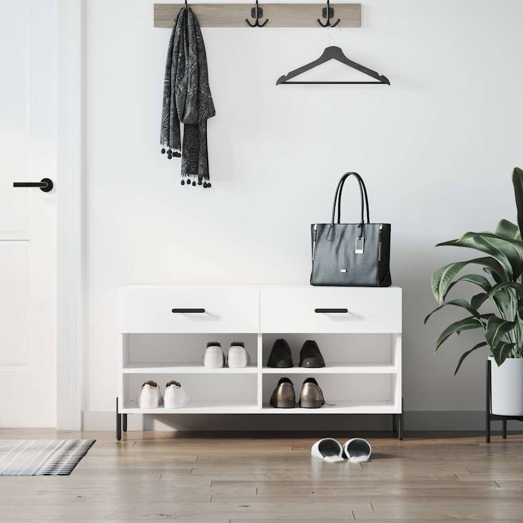 furnicato Schuhbank Weiß 102 x 35 x 55 cm aus Holzwerkstoff und Eisen (1-St), Sitzbank mit zwei Schubladen, vier Fächern und stabiler Oberplatte