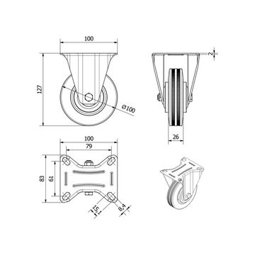 SO-TECH® Schwerlastrolle Höhe 127 mm, Ø 100 mm, Anschraubplatte 100 x 82 mm Traglast bis 360 kg, Transportrolle 2x Bockrolle, 2x Lenkrolle mit Bremse, 4er Set