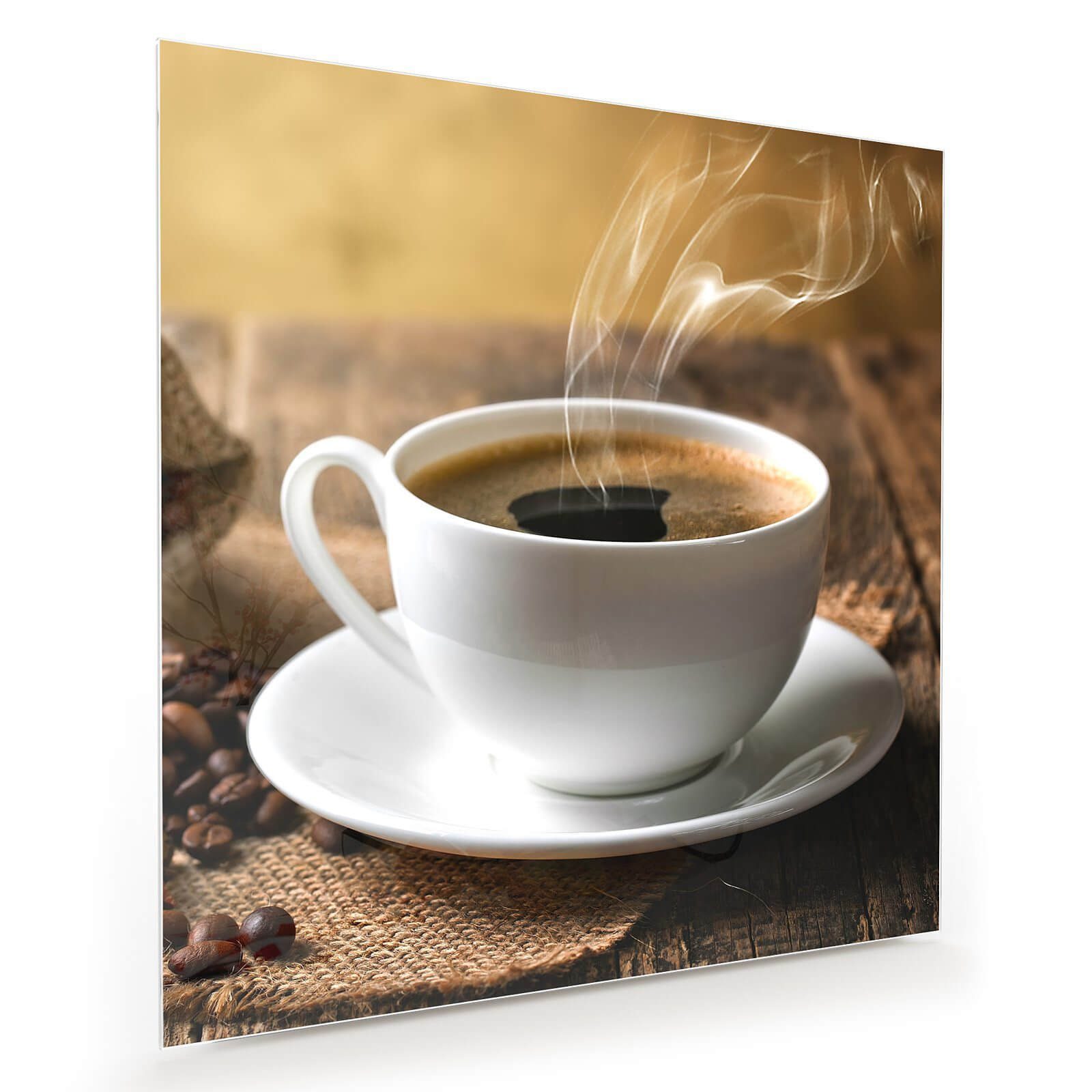 Glasbild Wandbild Quadratisch Heisser Kaffee auf Tisch mit Aufhängung