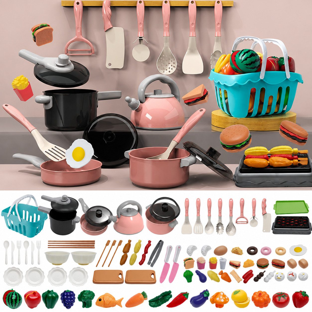 Zaewry Kinder-Küchenset 61-teiliges Kinderküchen Zubehör, BBQ-Simulationsspiel für kinder, (91-tlg), Rollenspiel Küchenzubehör,Kunststoff, Lernspielzeug