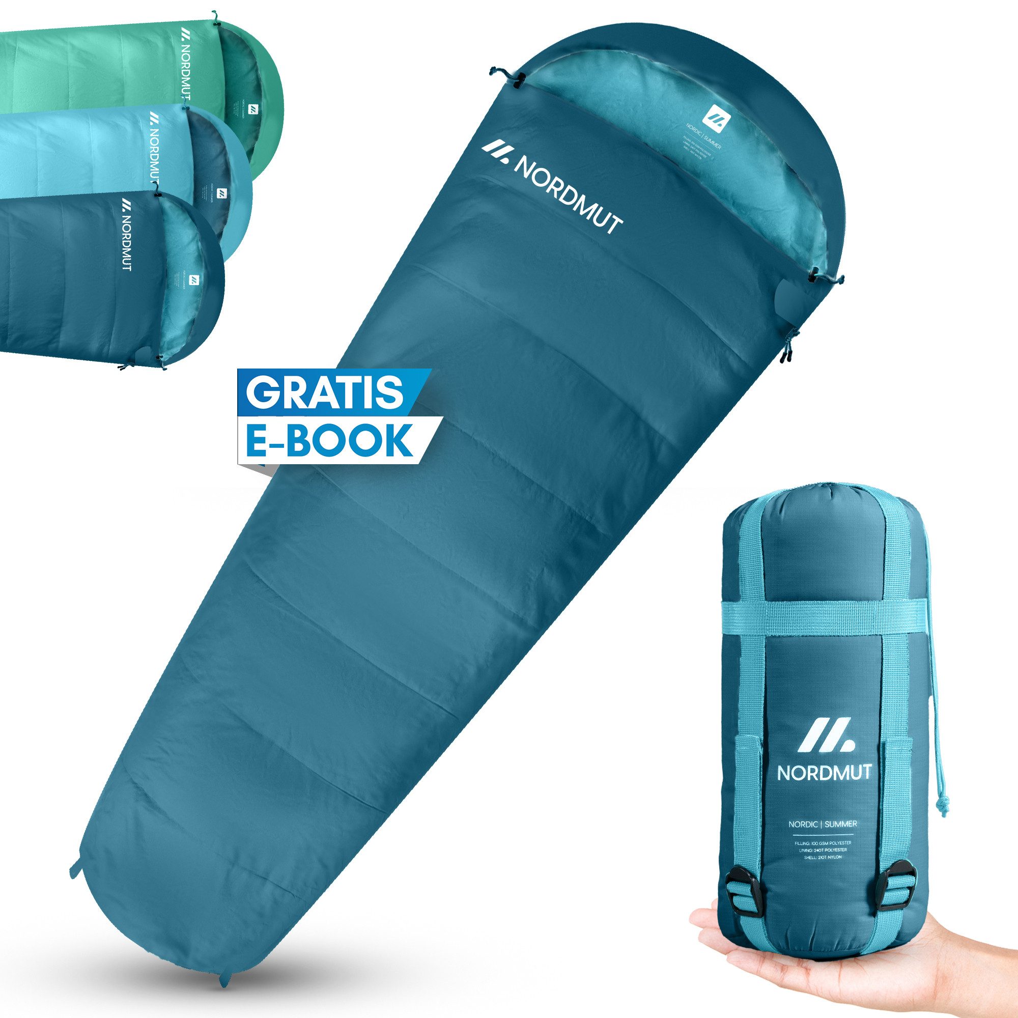 Nordmut Mumienschlafsack Sommerschlafsack Ultraleicht & kompakt [100 GSM] kleines Packmaß, Sleeping Bag koppelbar, [900g] ideal für Outdoor, Camping und Reisen