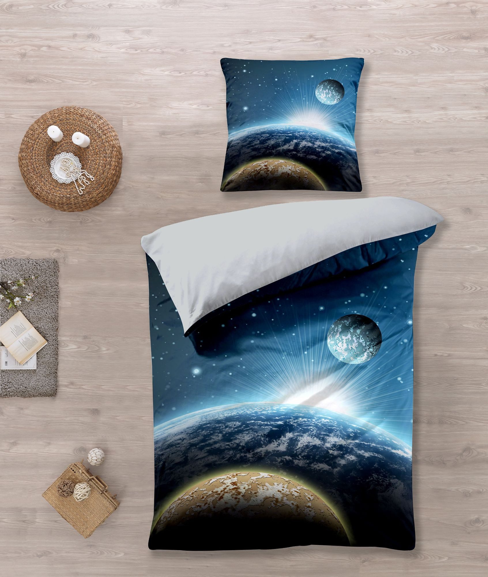 KK Shopping Kinderbettwäsche Bettwäsche Set mit Mond und Planet 135 x 200 c günstig online kaufen