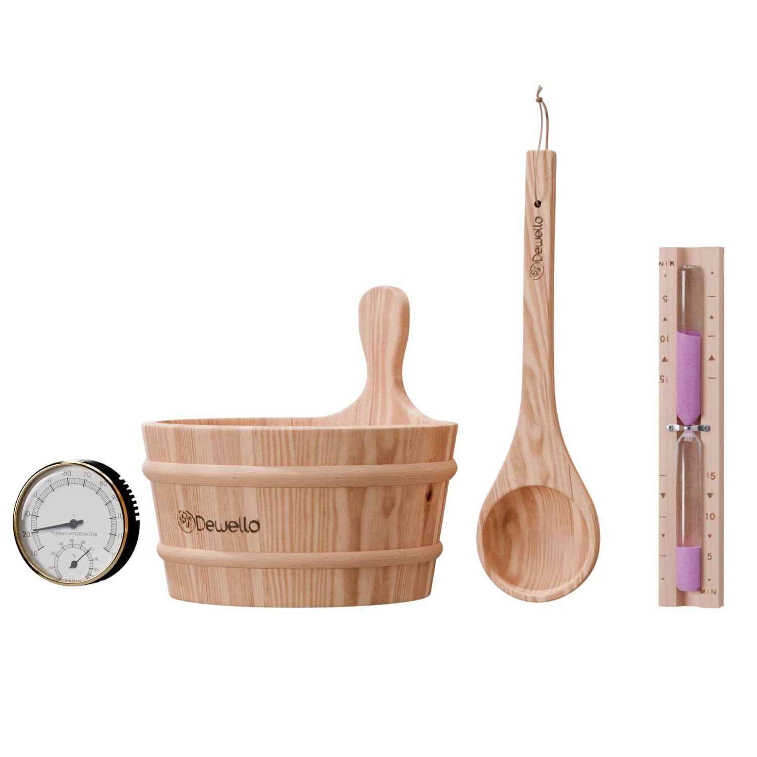 Dewello Sauna-Aufgussset Sauna Zubehör Set (Komplett-Set, 4-tlg., Fassungsvermögen ca. 4 Liter) Inkl. hitzebeständigen Kunststoffeinsatz (Durchmesser ca. 22cm)