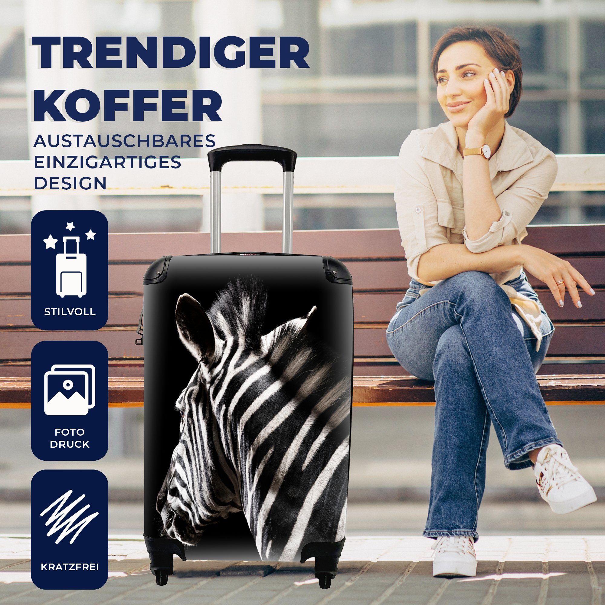 Handgepäck Tier - Schwarz Handgepäckkoffer mit rollen, 4 für Porträt, Ferien, Zebra - Reisetasche Rollen, MuchoWow Reisekoffer Trolley, -