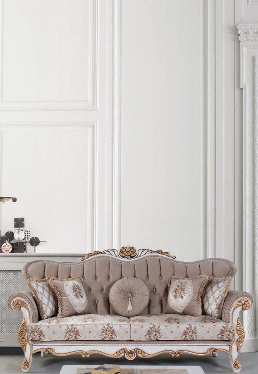 Casa Padrino Sofa Luxus Sofa / Grau mit 87 Bronze Couch x Kissen 101 wunderschönen Mehrfarbig Verzierungen - mit Weiß 232 / x Wohnzimmer cm und / Blumenmuster H. Barock
