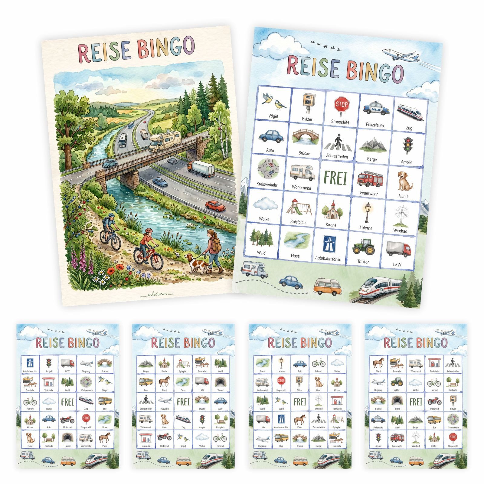 nikima Spiel Reise Bingo – 10 Bingokarten für Kinder, Auto Suchspiel Reisespiel