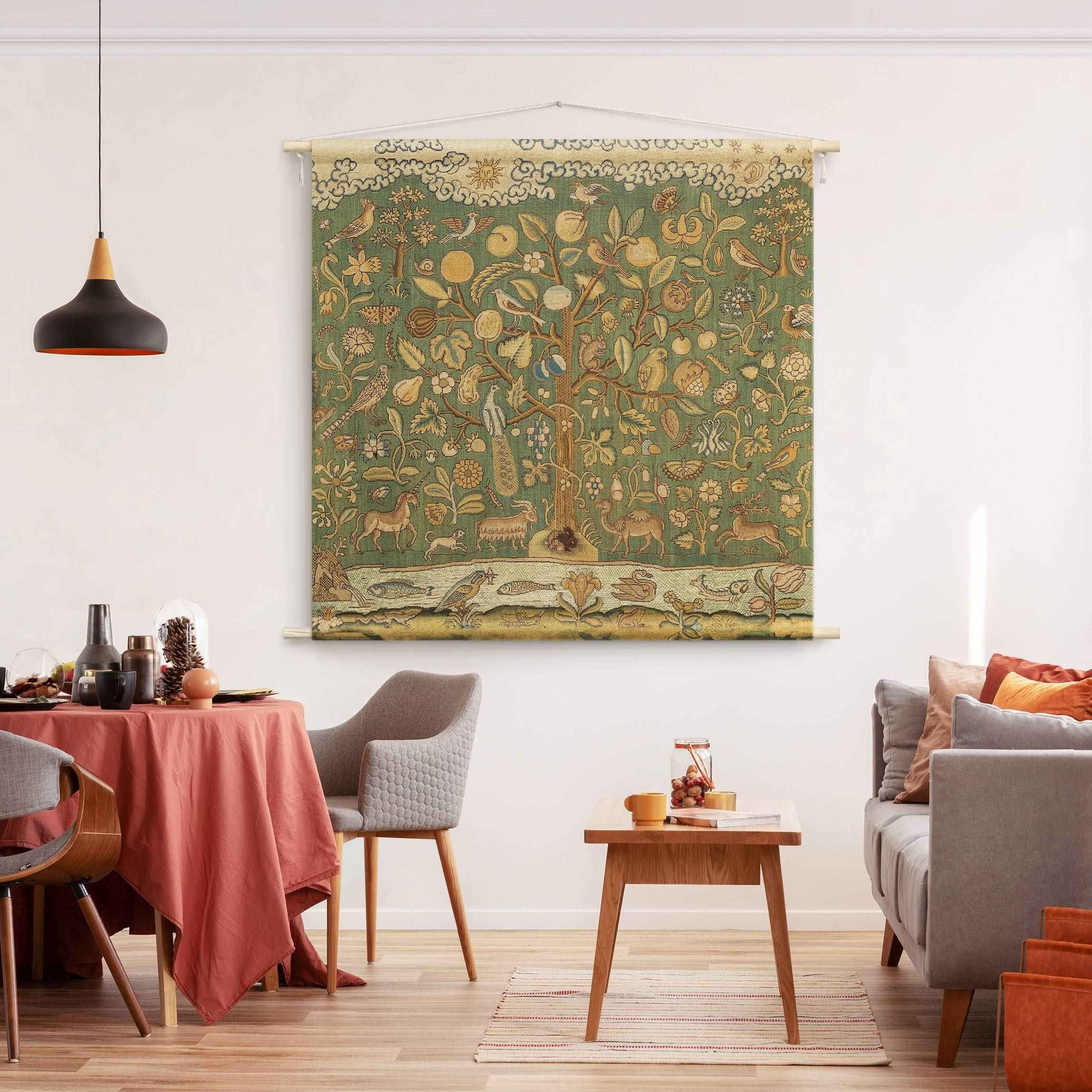 Bilderdepot24 Wandteppich modern Vintage Botanik Tiere Vögel grün, quadratisch, Höhe: 2.6 mm, großes Wandbild aus Natur-Baumwolle Wandbehang Stoffbild Tuch Wollseil