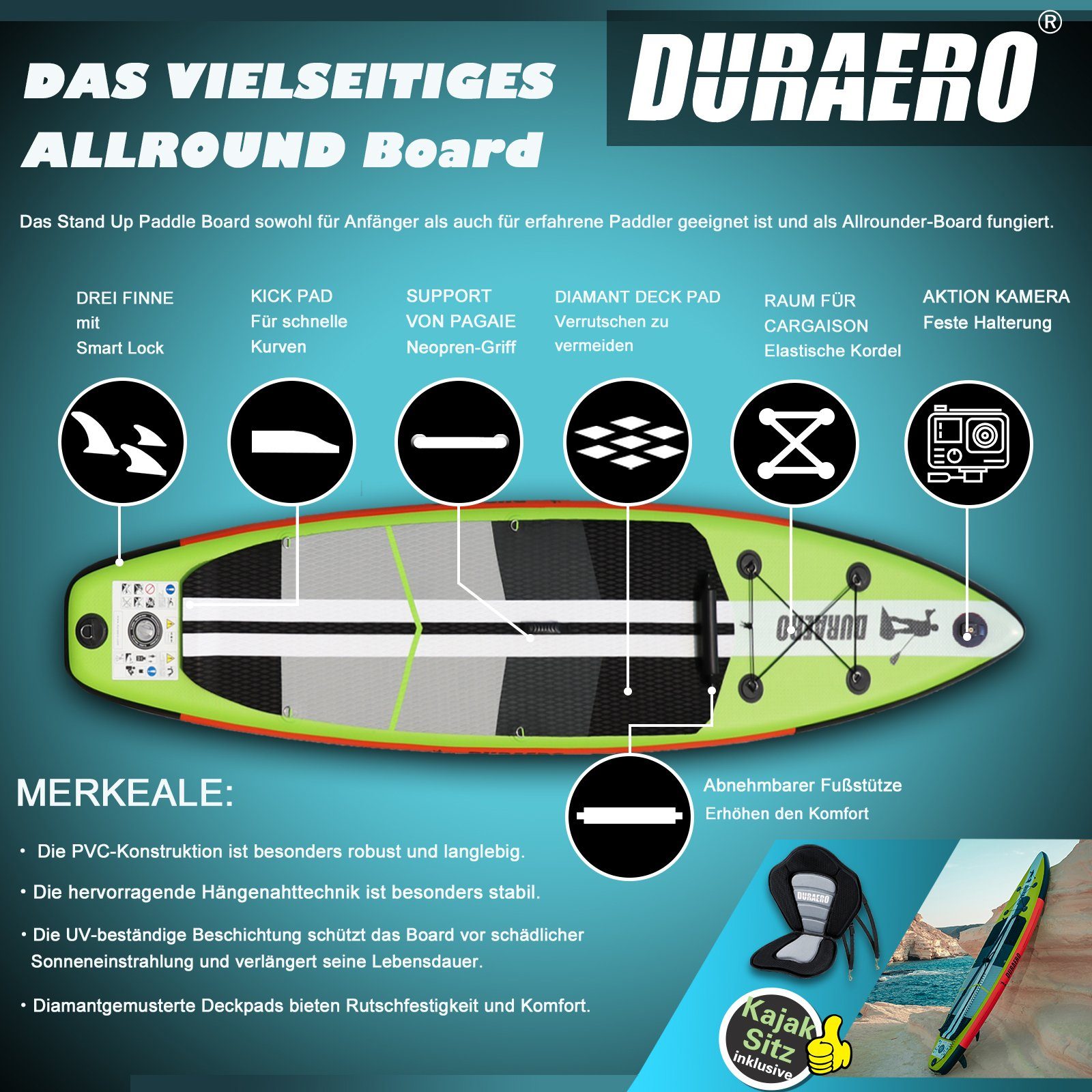bis Board, up DURAERO Halterung, Inflatable Action-Cam 150kg Paddling SUP-Board 330x76x15cm, Stand