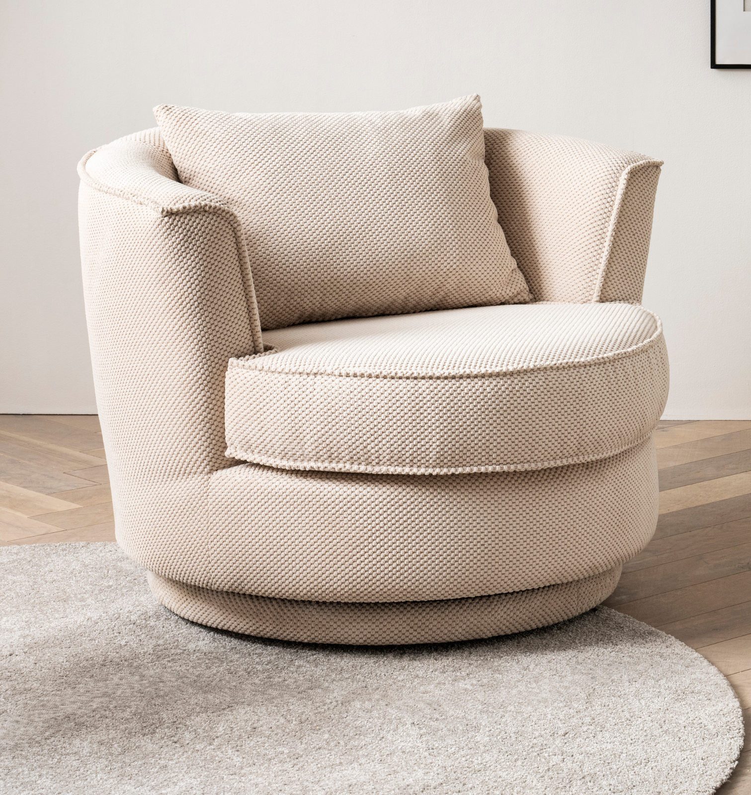 Furn.Design Loveseat Comfy (Komfortsessel in wollweiß Web-Velour, inkl. Kissen, Ø 95 cm), 360° drehbar
