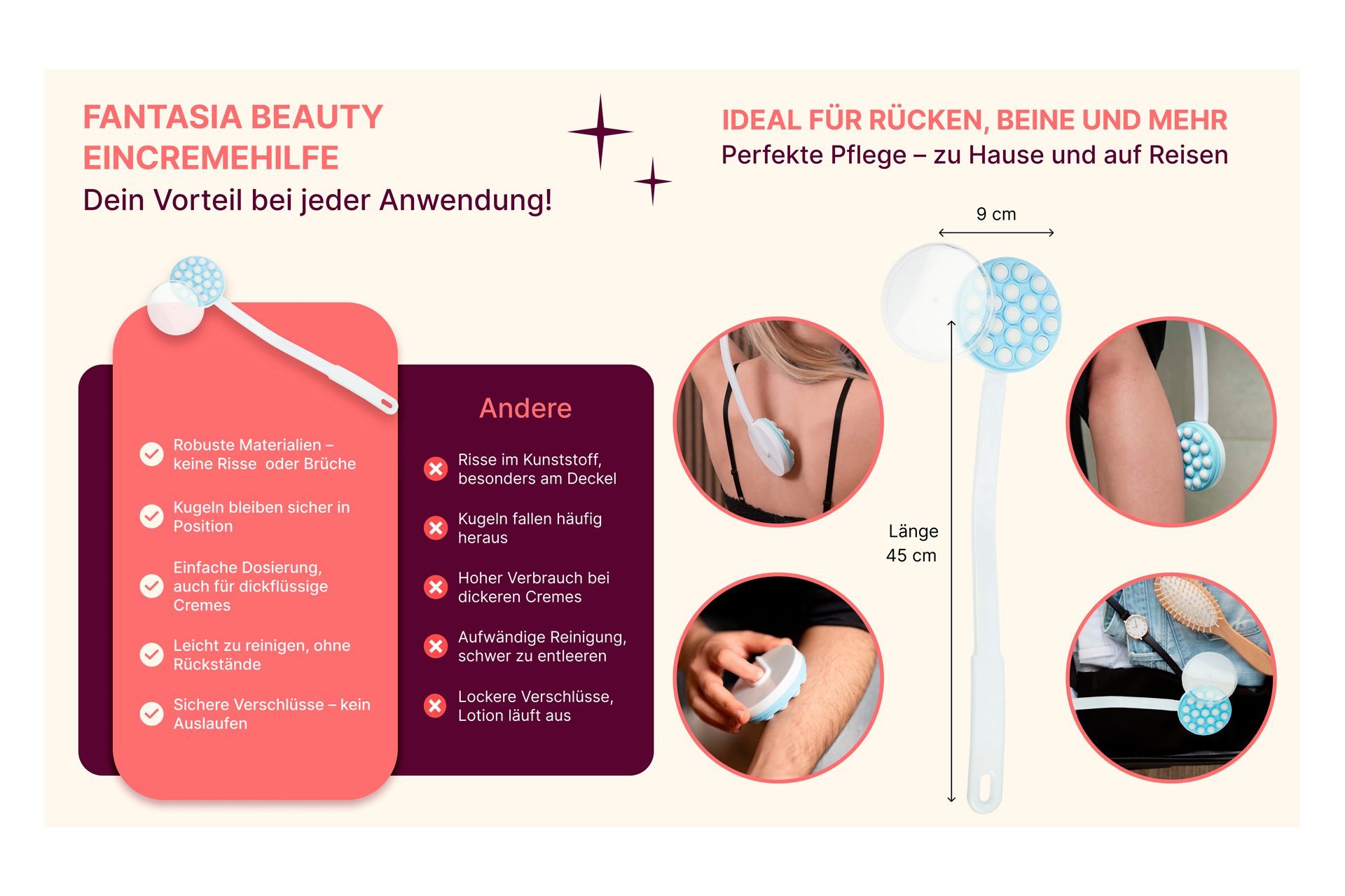 Fantasia Beauty Kosmetikpinsel-Set Rücken-Cremer, Kunststoff, abnehmbarer Stiel, Länge: 45 cm, 1 tlg.
