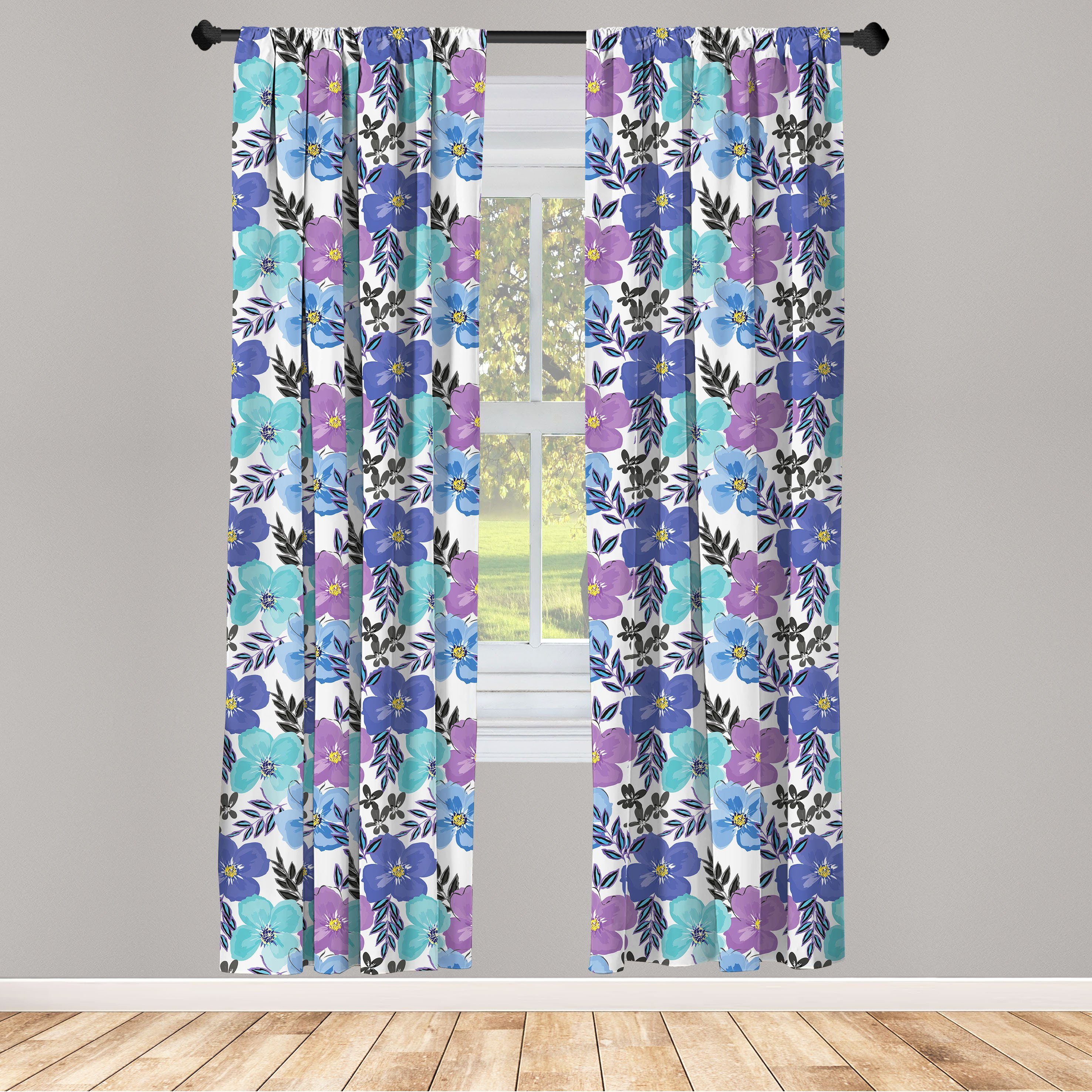 Gardine Vorhang für Wohnzimmer Schlafzimmer Dekor, Abakuhaus, Microfaser, Blumen Weiche Frühlings-Blumen-Gitter-Kunst