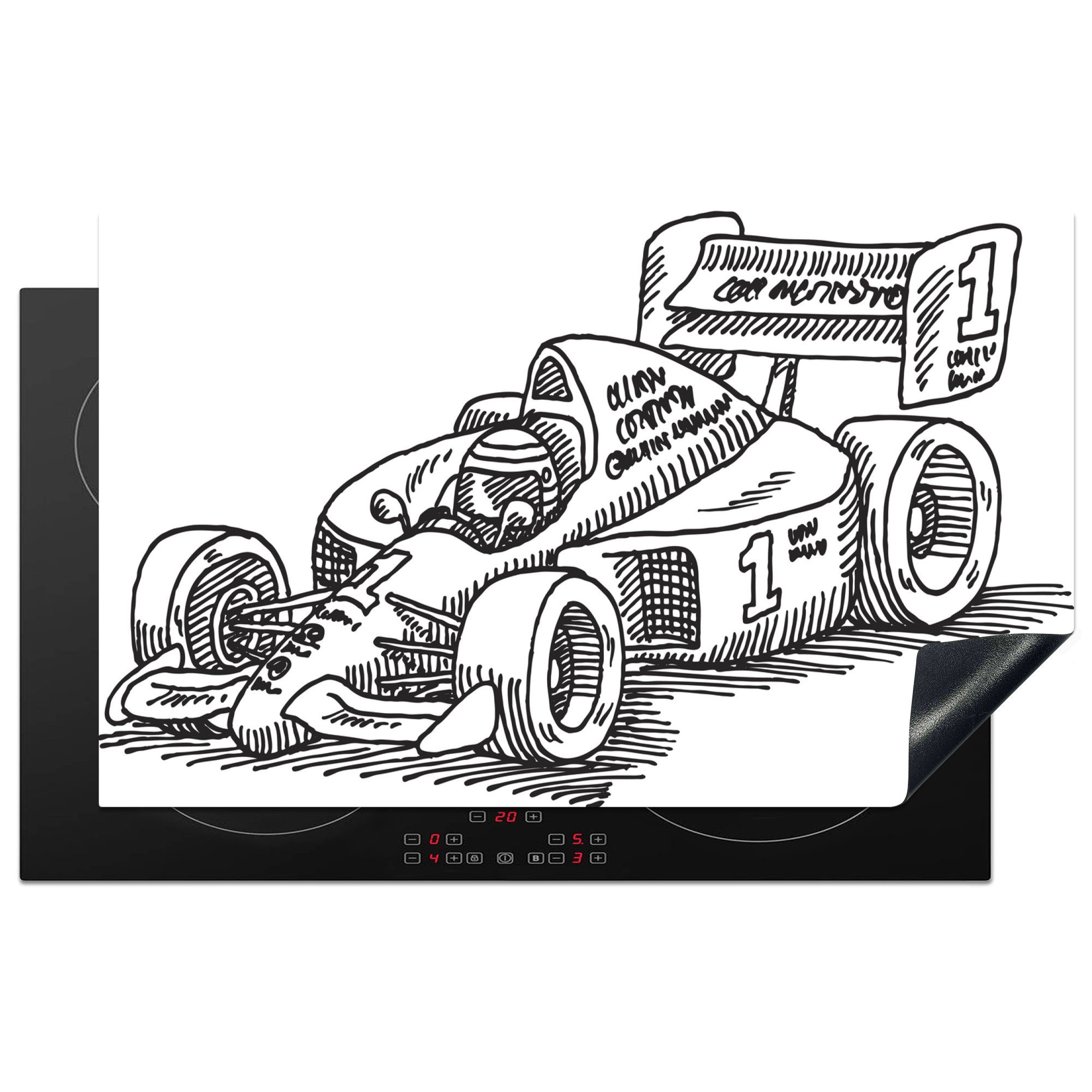 MuchoWow Herdblende-/Abdeckplatte Eine skizzierte Illustration eines Autos aus der Formel 1, Vinyl, (1 tlg), 83x51 cm, Ceranfeldabdeckung, Arbeitsplatte für küche