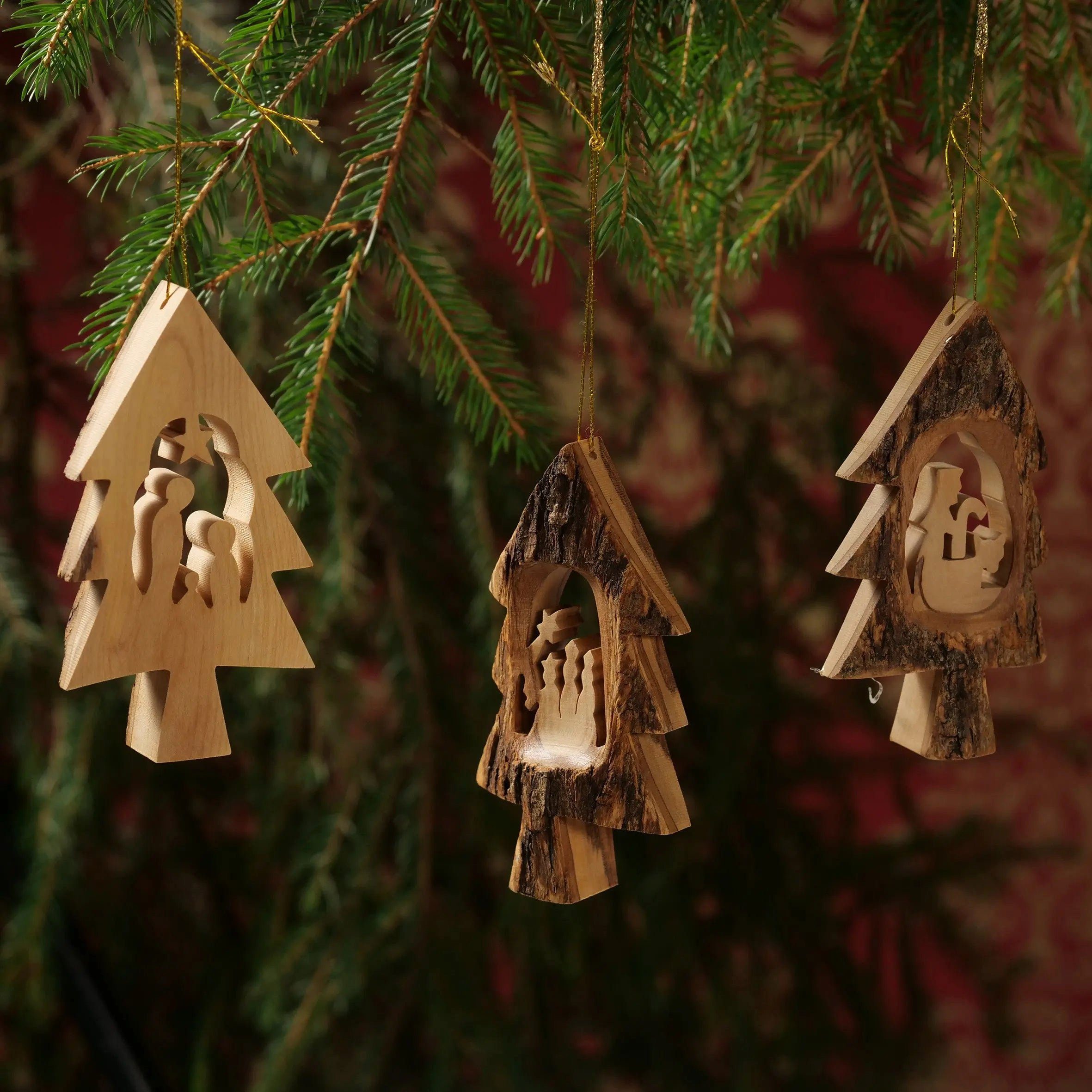 Rinde mit Bethlehem, aus Olivenholzdeko, umweltfreundlich, handgemacht, Tannenbaum, Weihnachtsdeko Baumschmuck Dekoobjekt Kassis Krippe im