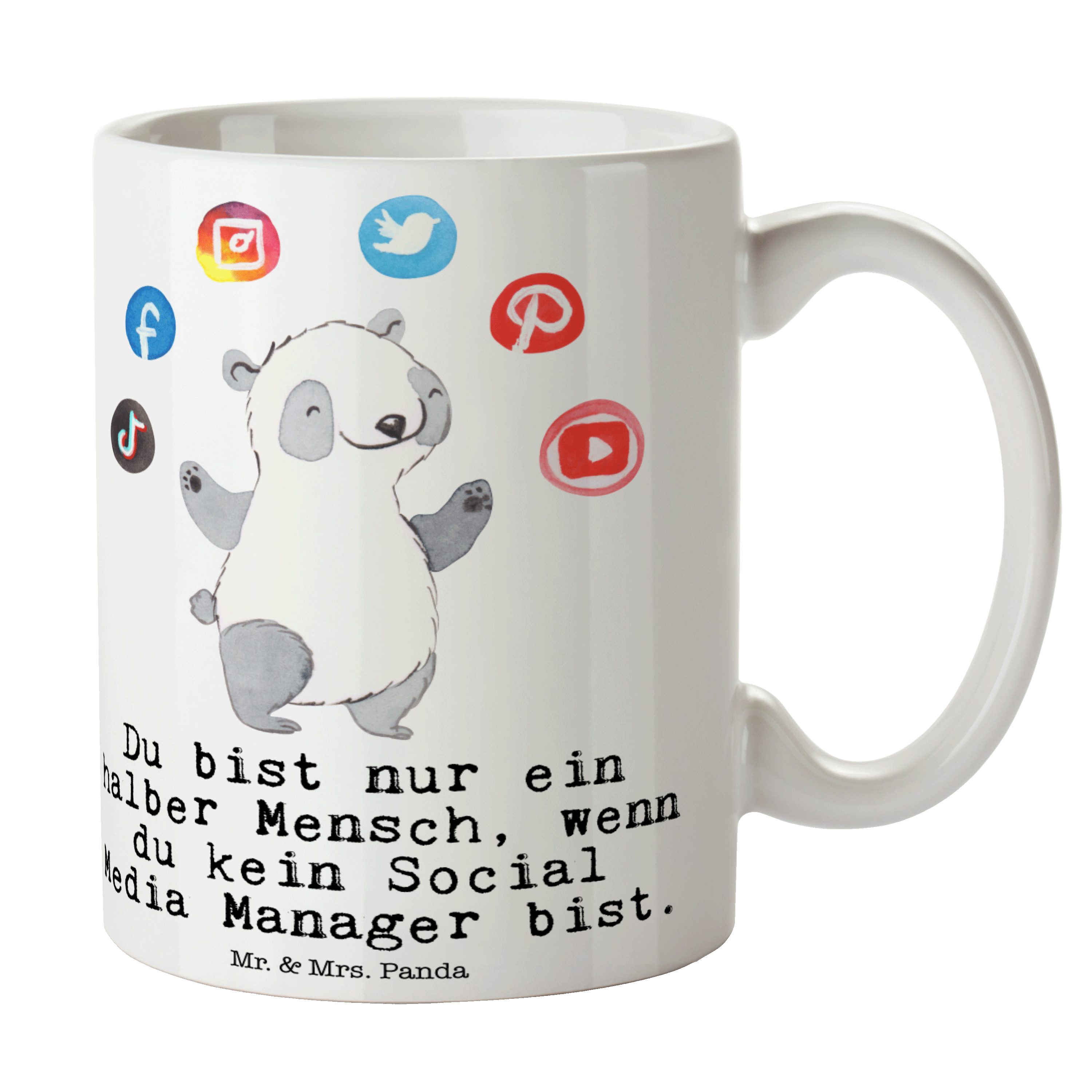 Mr. & Mrs. Panda Tasse Social Media Manager mit Herz - Weiß - Geschenk, Tasse, Teebecher, Ke, Keramik
