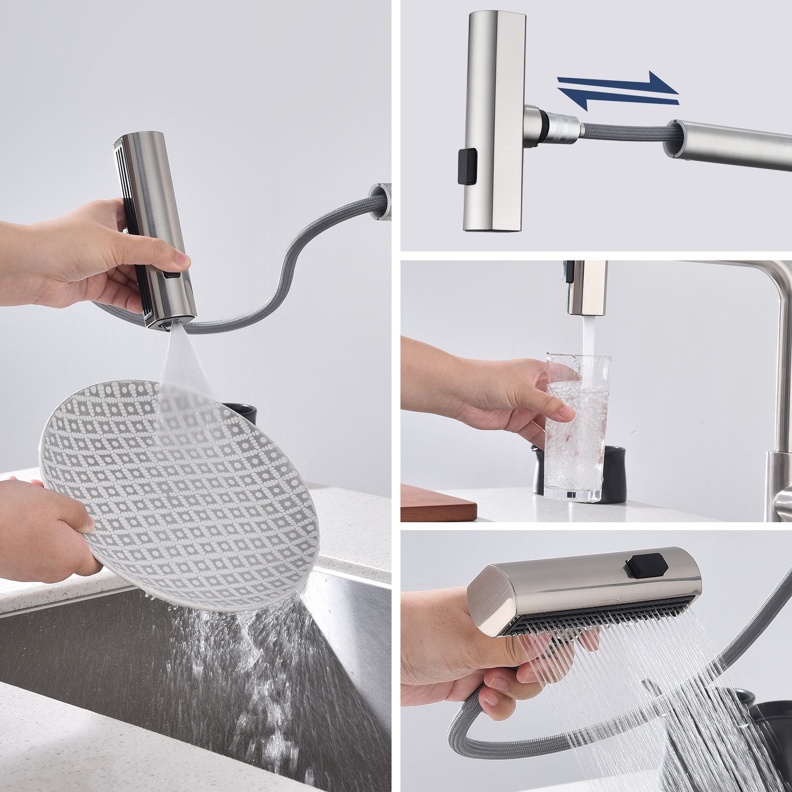 HOMELODY Küchenarmatur Ausziehbar 360°Schwenkbar Drei Sprühfunktionen Spültischarmatur Küche (Hochdruck-Einhand-Mischbatterie) mischbatterie ausziehbar Küchen-Einhandhahn,Gebürstet