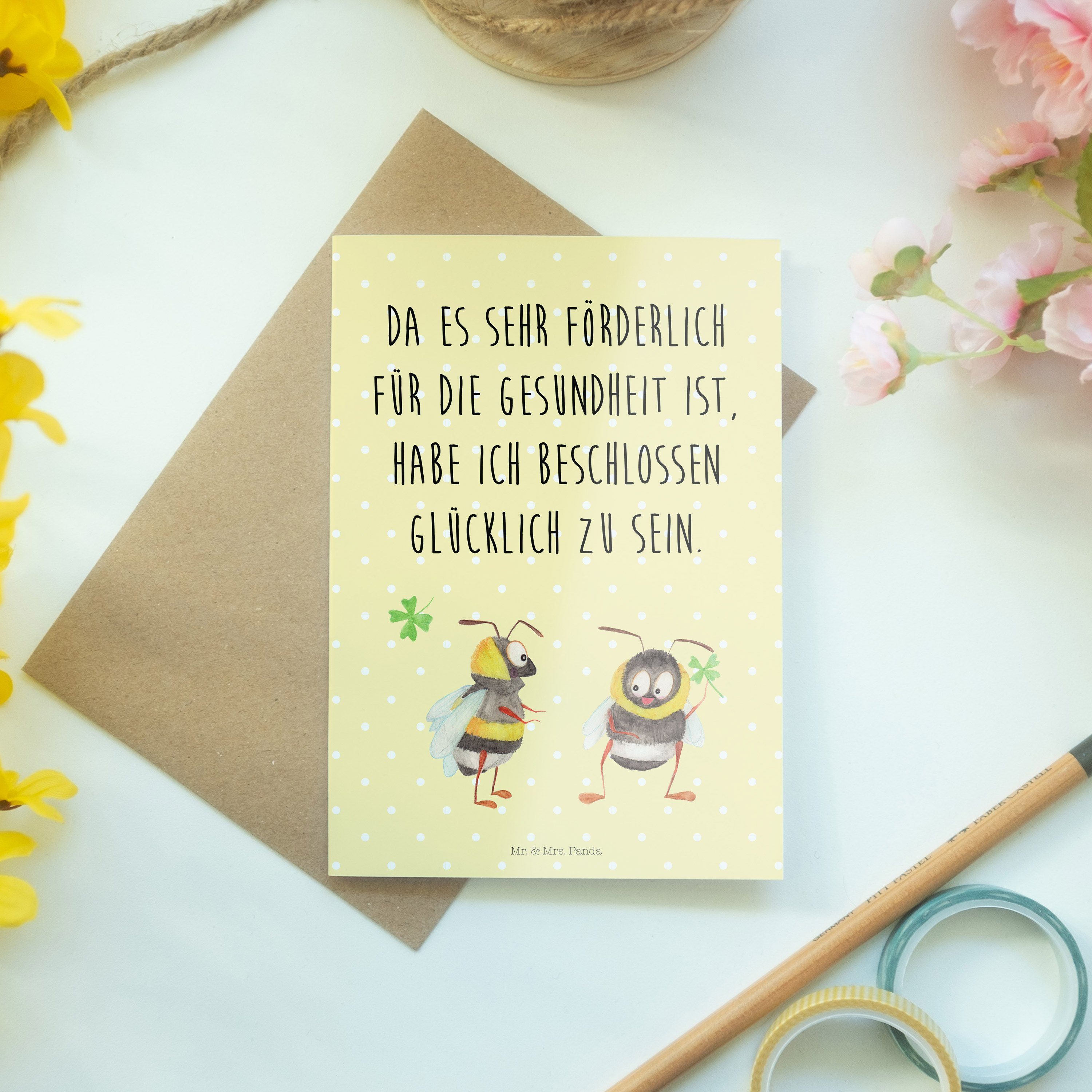 Mr. & Mrs. Panda Grußkarte mit Kar Hummeln Gelb Kleeblatt Spruch Geschenk, - - Pastell fröhlich