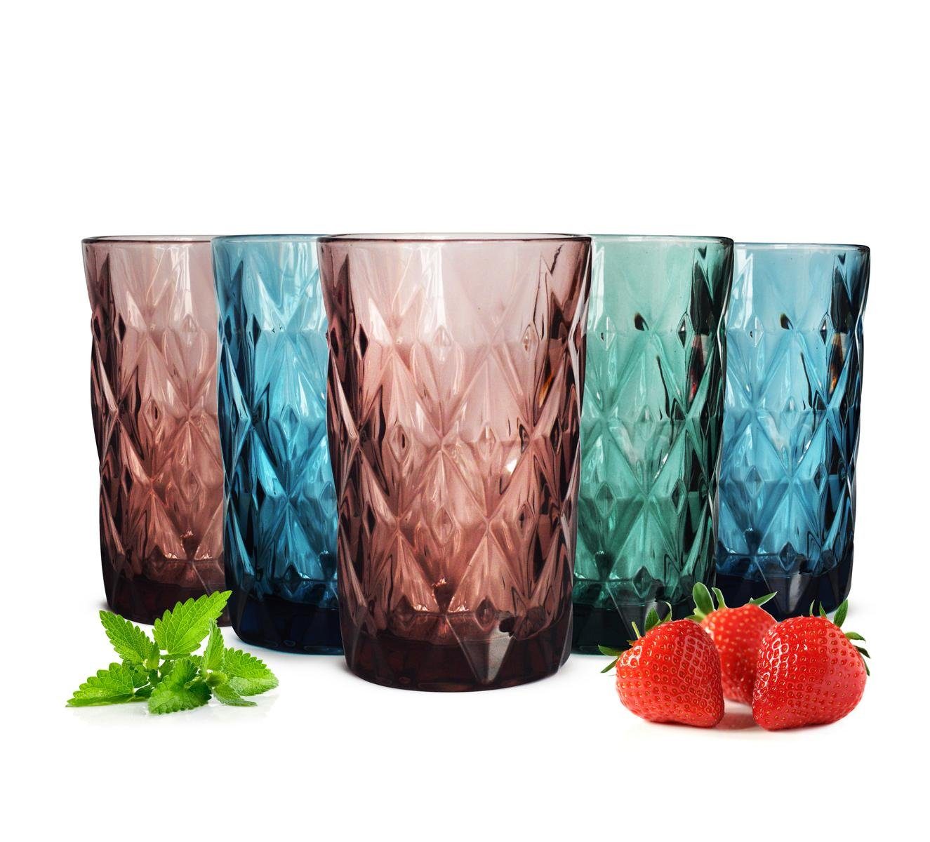 Sendez Longdrinkglas 6 Bunte Trinkgläser 350ml Wassergläser Longdrinkgläser Cocktailgläser, Glas