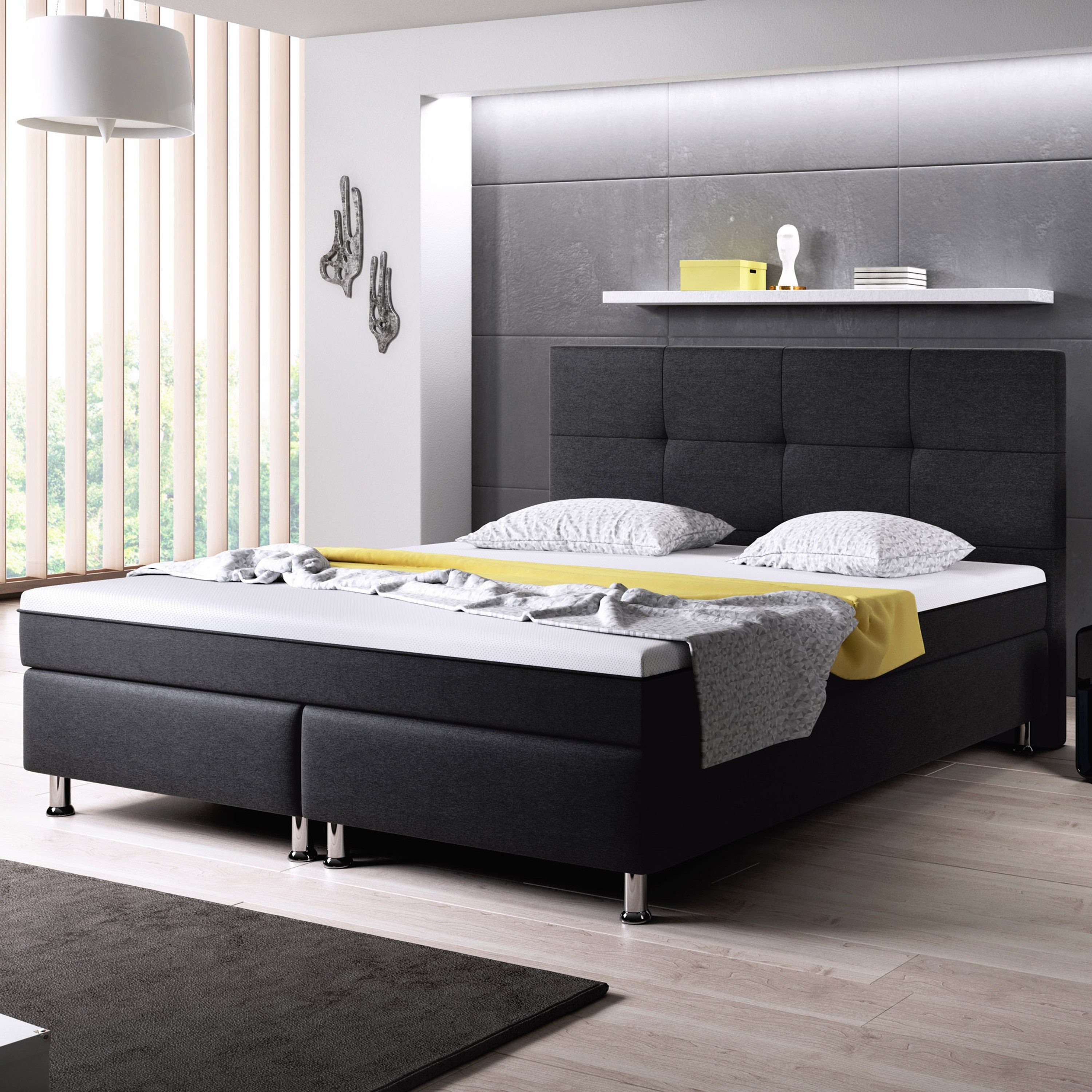 inter Boxspringbett Dallas 180x200 cm Webstoff mit 7 Zonen TFK und Topper-Optik (180x200 cm, Anthrazit inkl. 7 Zonen Taschenfedernkernmatratzen mit Topper-Optik), Taschenfederkern-Komfort, gepolstertes Kopfteil, inklusive Matratzen