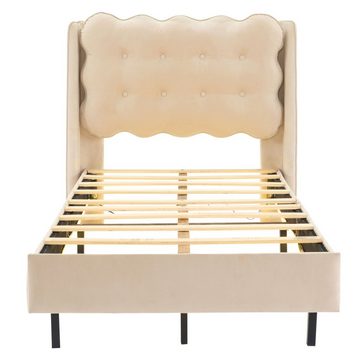 HAUSS SPLOE Polsterbett Polsterbett Funktionsbett Bettrahmen Kinderbett Einzelbett (mit modelliertem Kopfteil und warmgelben Lichtstreifen, Einzelbett mit Holzlatten, Samt), 90*200 cm Beige