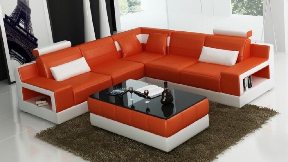 Wohnlandschaft Ecksofa Made Polster JVmoebel in Hocker Designer Europe Sofa Ecksofa Orange/Weiß Couch L-Form,