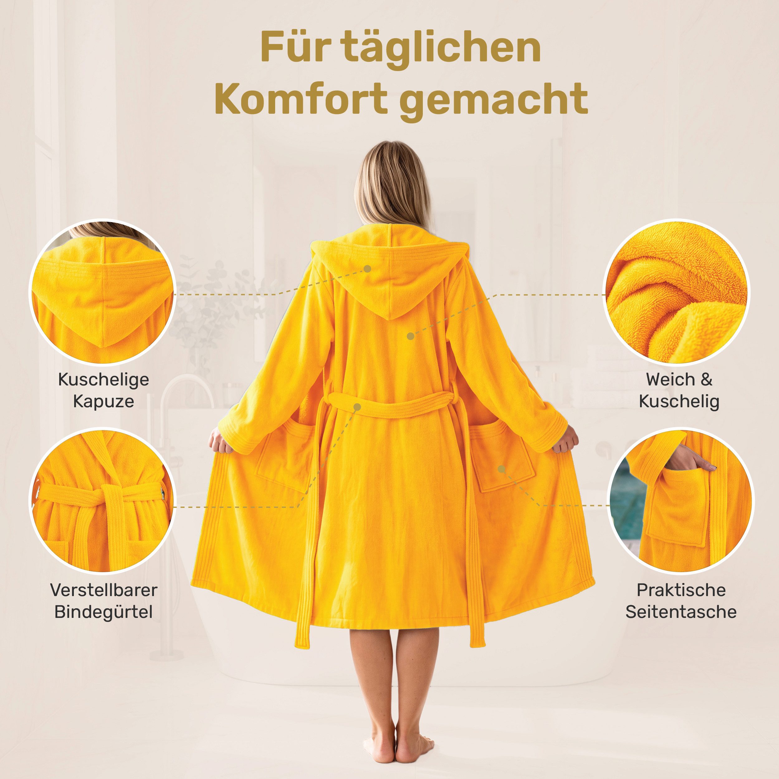 Lavea Bademantel Damen und Herren, Morgenmantel Mexico, Hotelbademantel, Lang, 100% Baumwolle, mit Kapuze, hochwertiger Bindegürtel, Weich & Saugstark - Spa Fee – Bild 3 von 5
