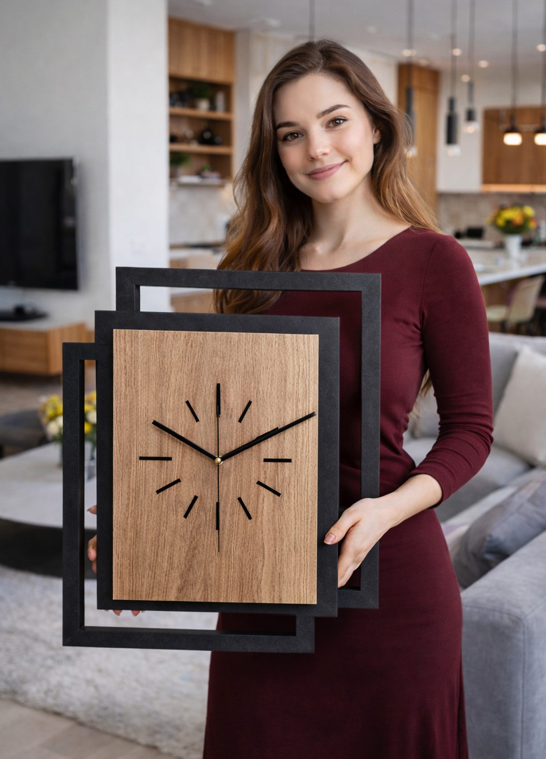ORNAMENTI Wanduhr Große handgefertigte moderne aus Holz, Hingucker Wanddeko 45 x 55 cm (Rechteckig vertikal ohne Tickgeräusche für Wohnzimmer, ohne Ziffern) – Bild 4 von 5