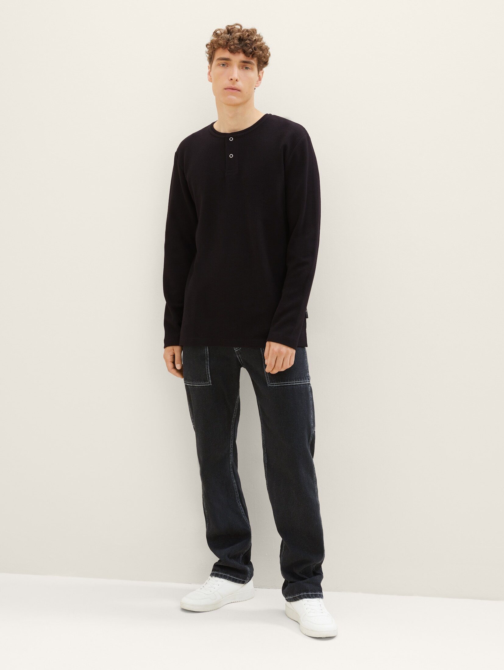 TOM TAILOR Denim T-Shirt Strukturiertes Black Henleyshirt