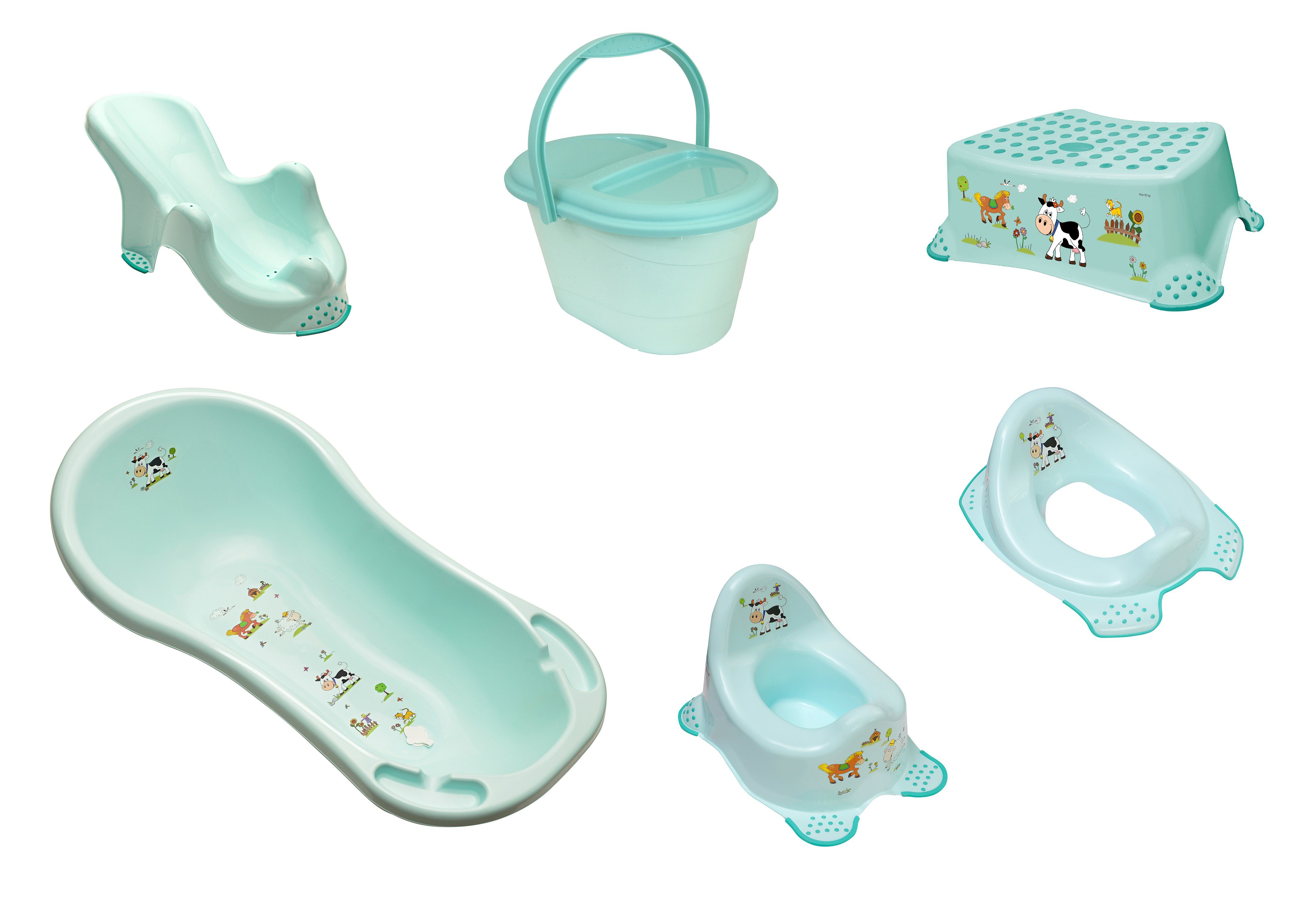 KiNDERWELT Babybadewanne 6er Set Funny Farm aqua Badewanne XXL + Badesitz + Topf + WC+ Hocker, (9-tlg)