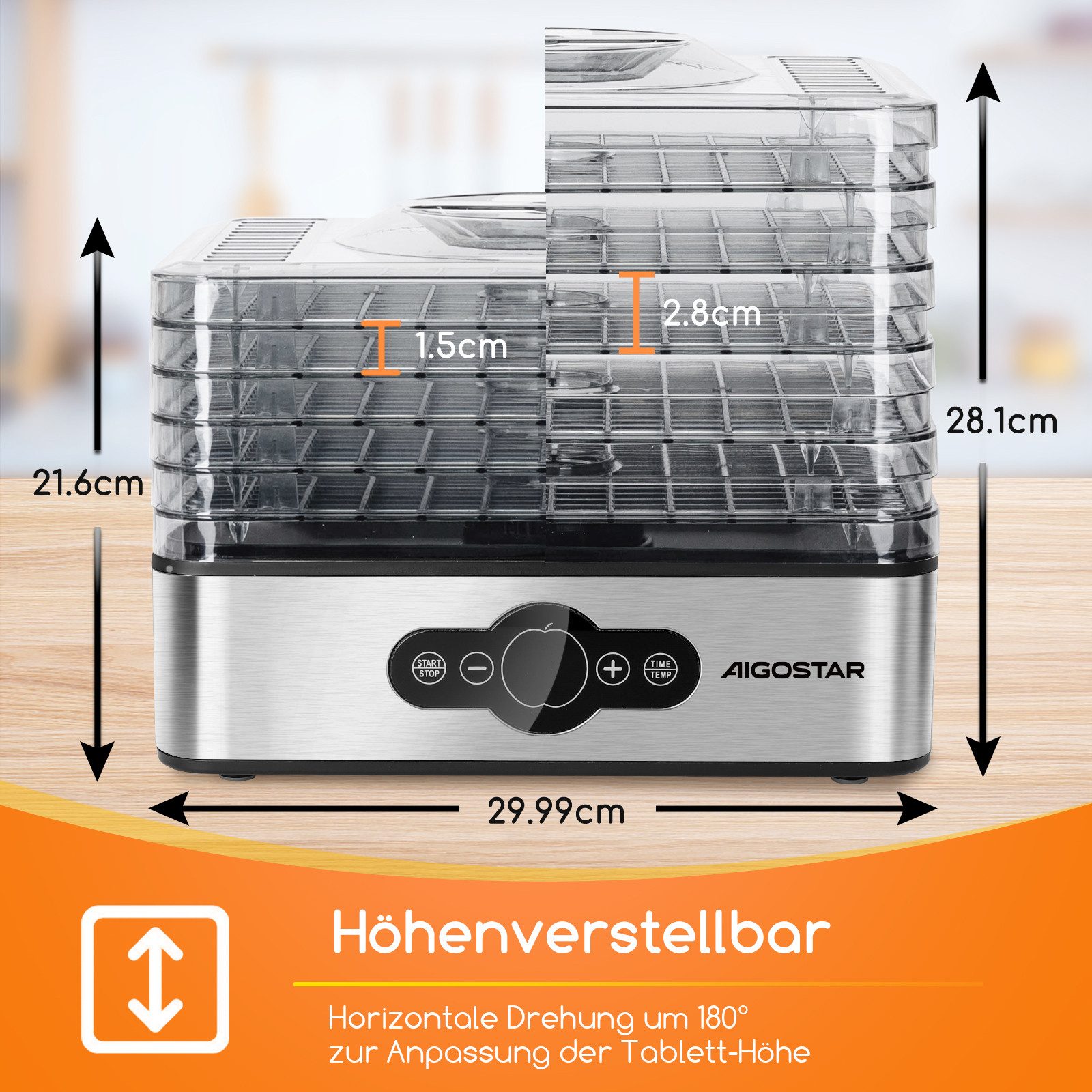 Aigostar Dörrautomat Crispy - Dörrgerät mit Temperaturregler, 99h-Timer, 5 Einlegefächer 240,00 W, 5 Etagen, 240W, 35-70°C, 99h-Timer, 5 Einlegefächer, BPA-frei