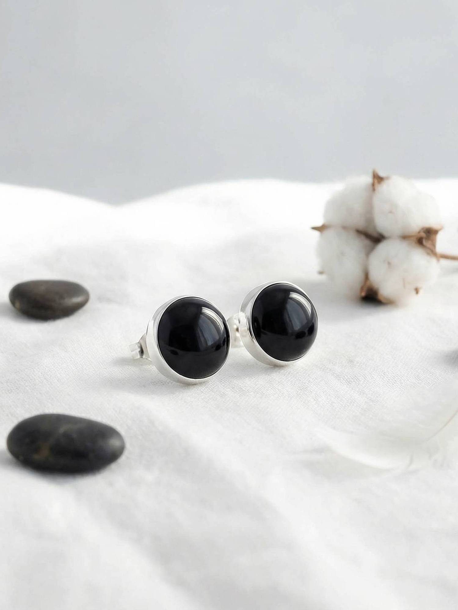 mantraroma Paar Ohrstecker SAMA rund medium aus 925 Silber mit Onyx (Paar, Paar Ohrringe mit Schmuckbeutel), 925 Sterling Silber Ohrringe für Damen