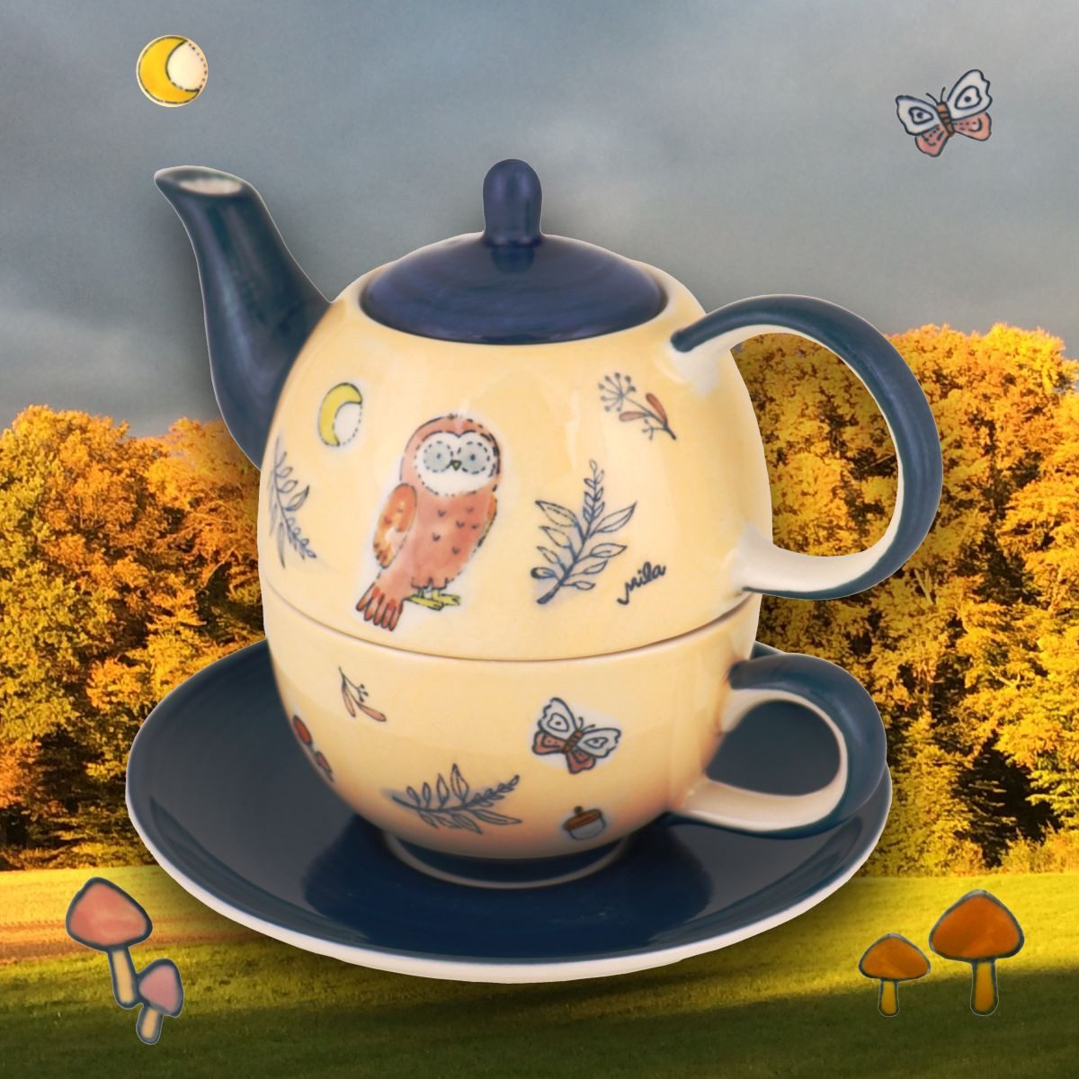 Mila Teekanne Mila Keramik Tee-Set Tea for One Herbst-Eule, 0.4 l, (Set, Tee-Set)