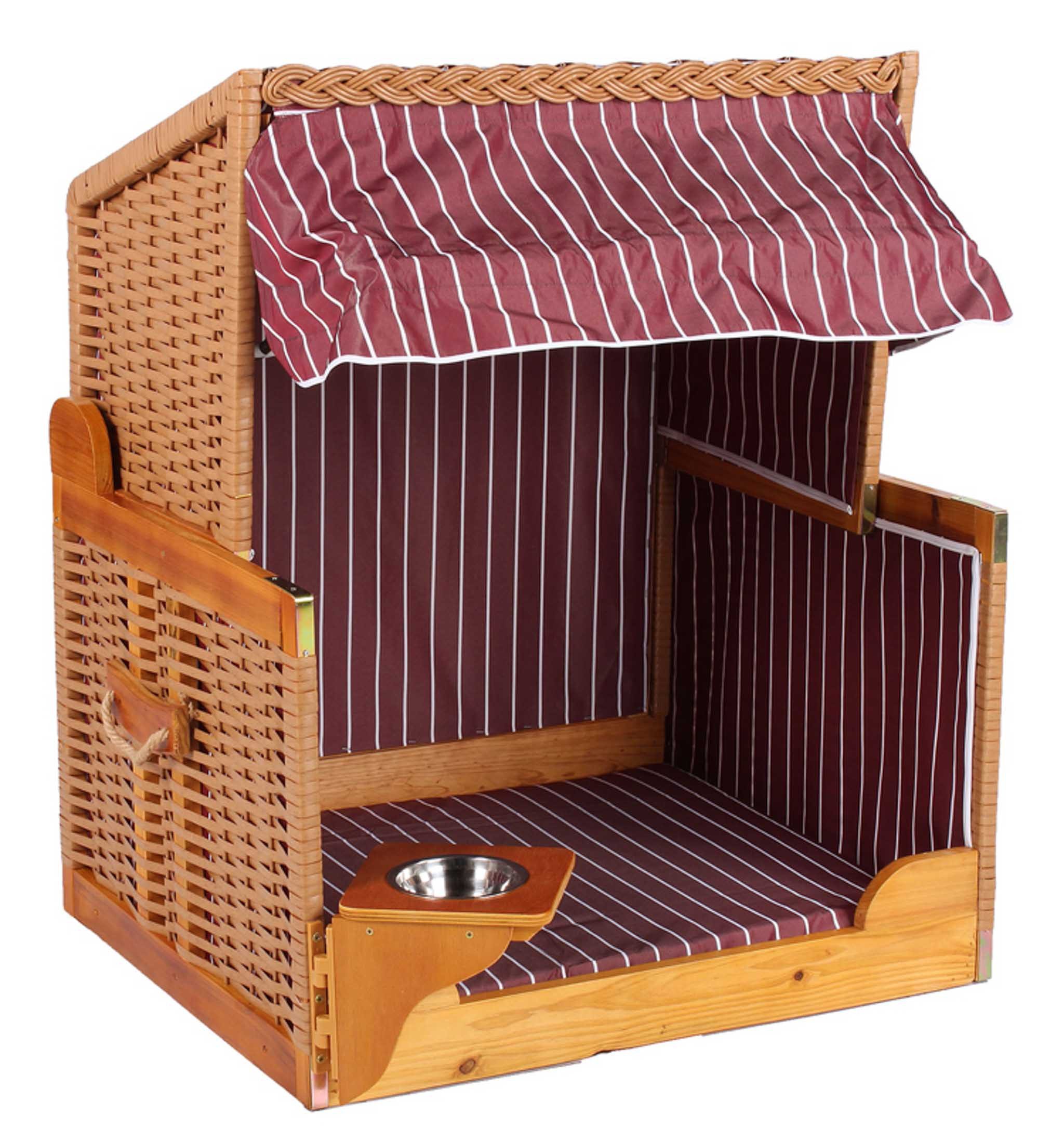 MR.DEKO Haustierstrandkorb Wacholder PE Beige Dessin Rot Gestreift Hundestrandkorb, BxTxH: 80x65x95 cm, Hundestrandkorb, Hundestrandkorb, (Strandkorb für Hunde und Katzen, zerlegte Lieferung, 1-tlg), Hundekorb mit Napf, verstellbarer Sonnenblende