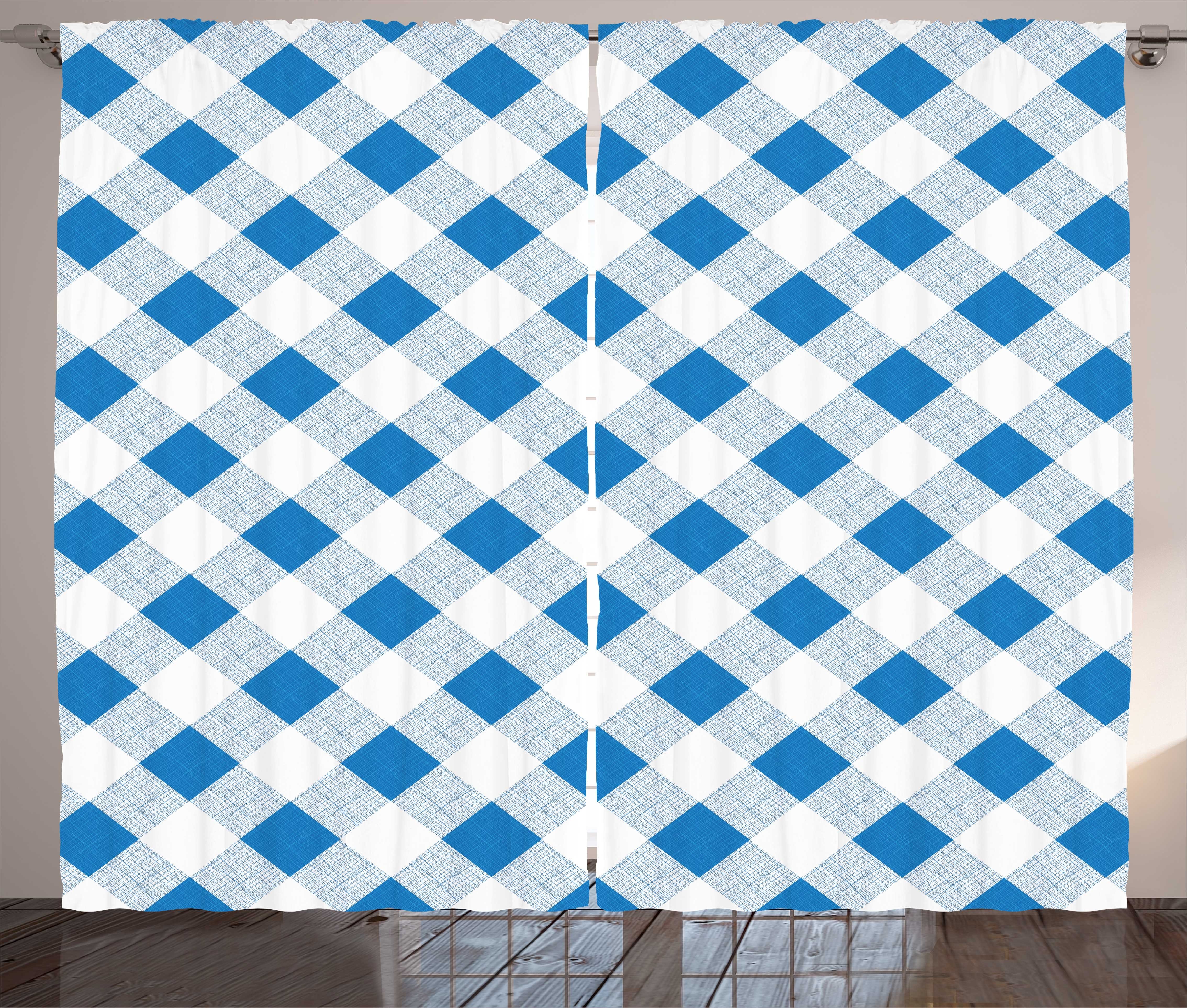 Gardine Schlafzimmer Kräuselband Vorhang mit Schlaufen und Haken, Abakuhaus, Blau und weiß Checkered Plaid Gitter