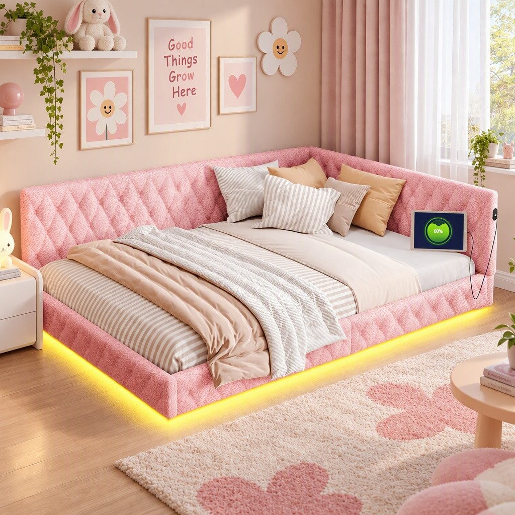 PXloue Polsterbett Daybett Tagesbett, Schlafsofa,Mit LED-Beleuchtung und USB-Ladeanschluss,140x200 cm