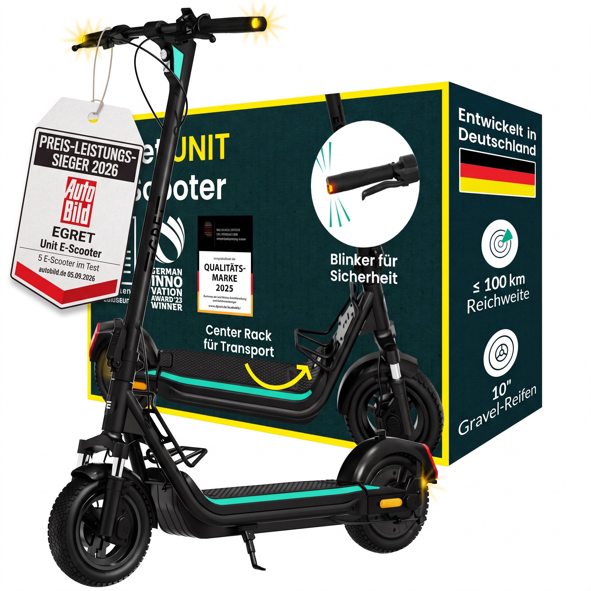Egret E-Scooter Egret Unit, FEDERUNG, STAURAUM, 100KM Reichweite, 500 W, 20 km/h, mit Straßenzulassung, ≤130kg Traglast, Blinker