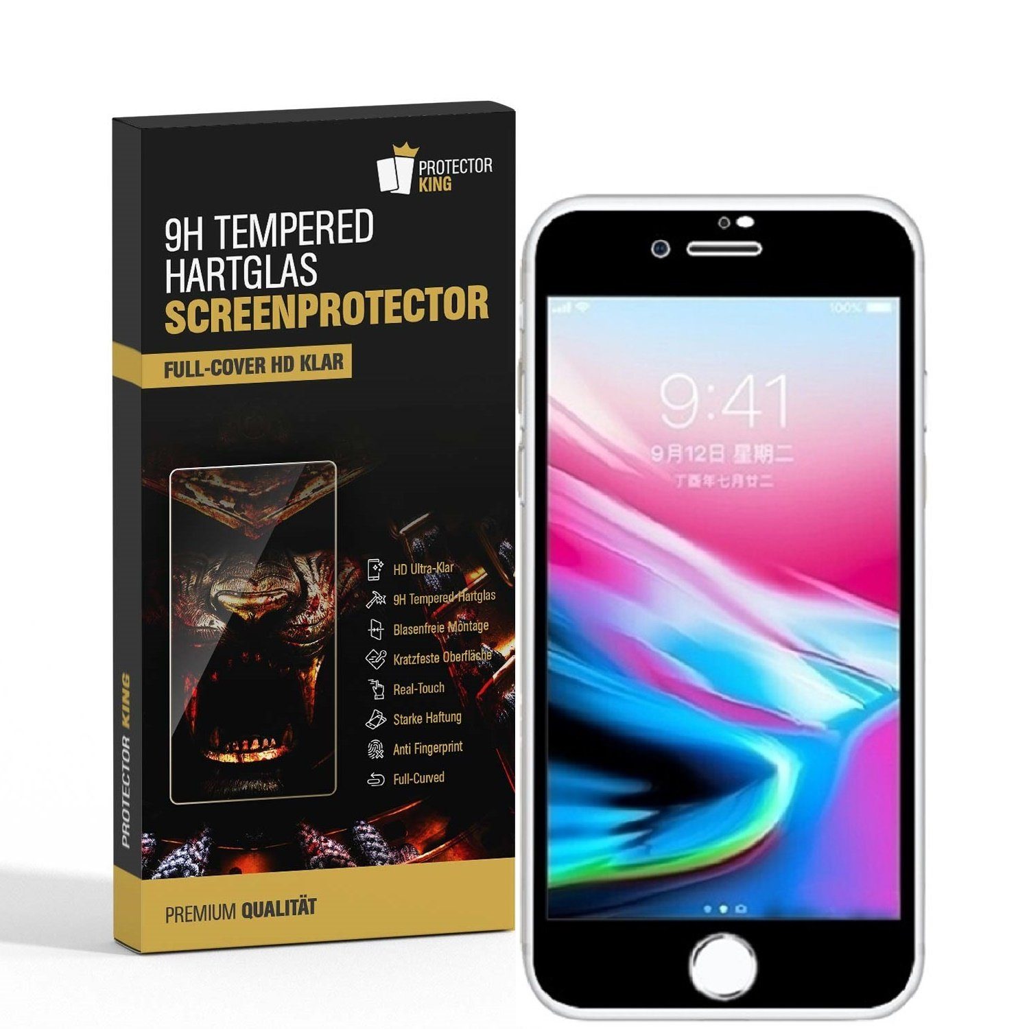 Protectorking Schutzfolie 1x 9H Hartglasfolie für iPhone 8 Plus FULL COVER,  (1-Stück, 1-Set), Hoch Quailitative FULL CURVED Temperiertes 9H Panzerglas  HD ULTRA KLAR