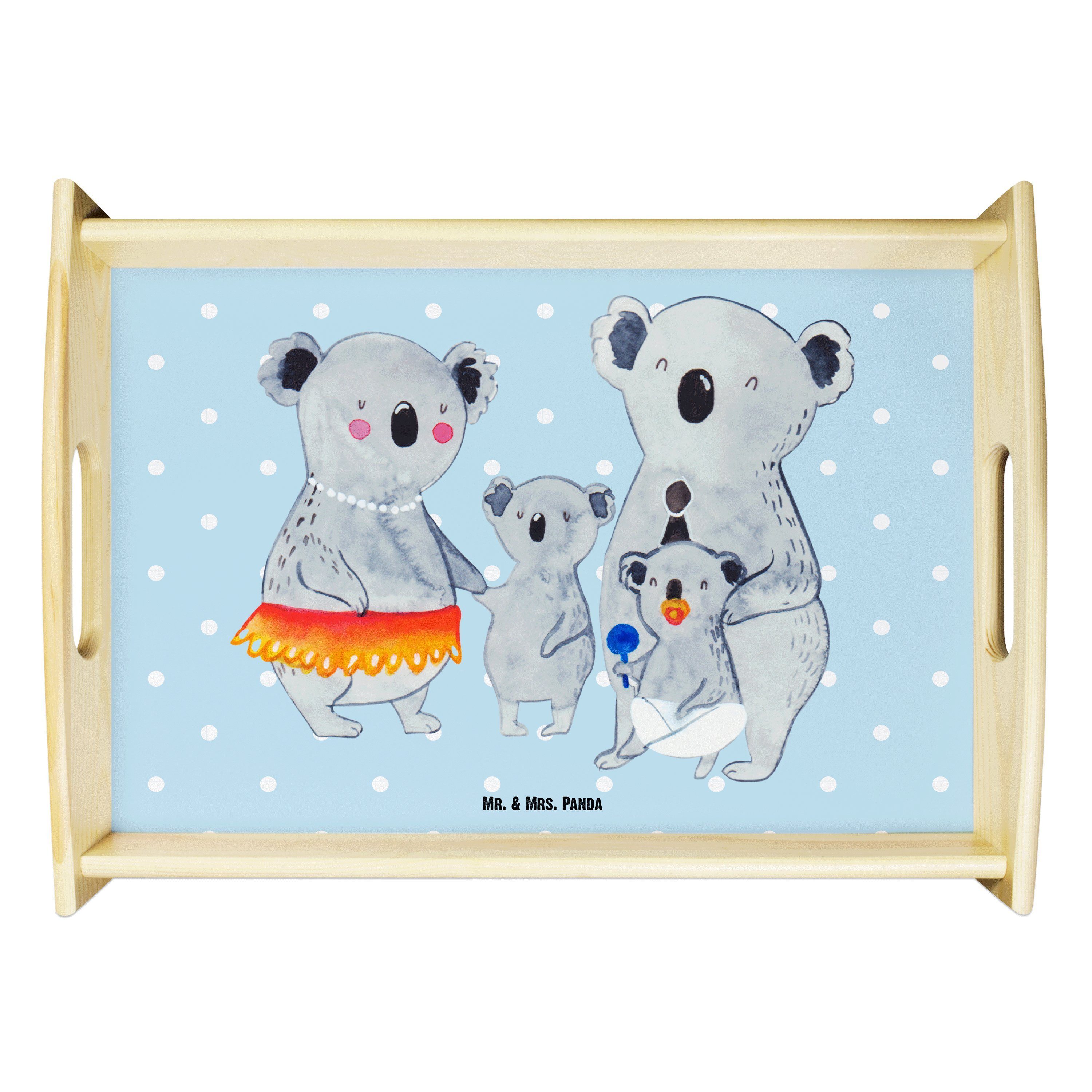 Koala Blau Mrs. Oma, Mr. Mama, & lasiert, (1-tlg) Panda Holzta, - Familie - Geschenk, Echtholz Muttertag, Tablett Pastell