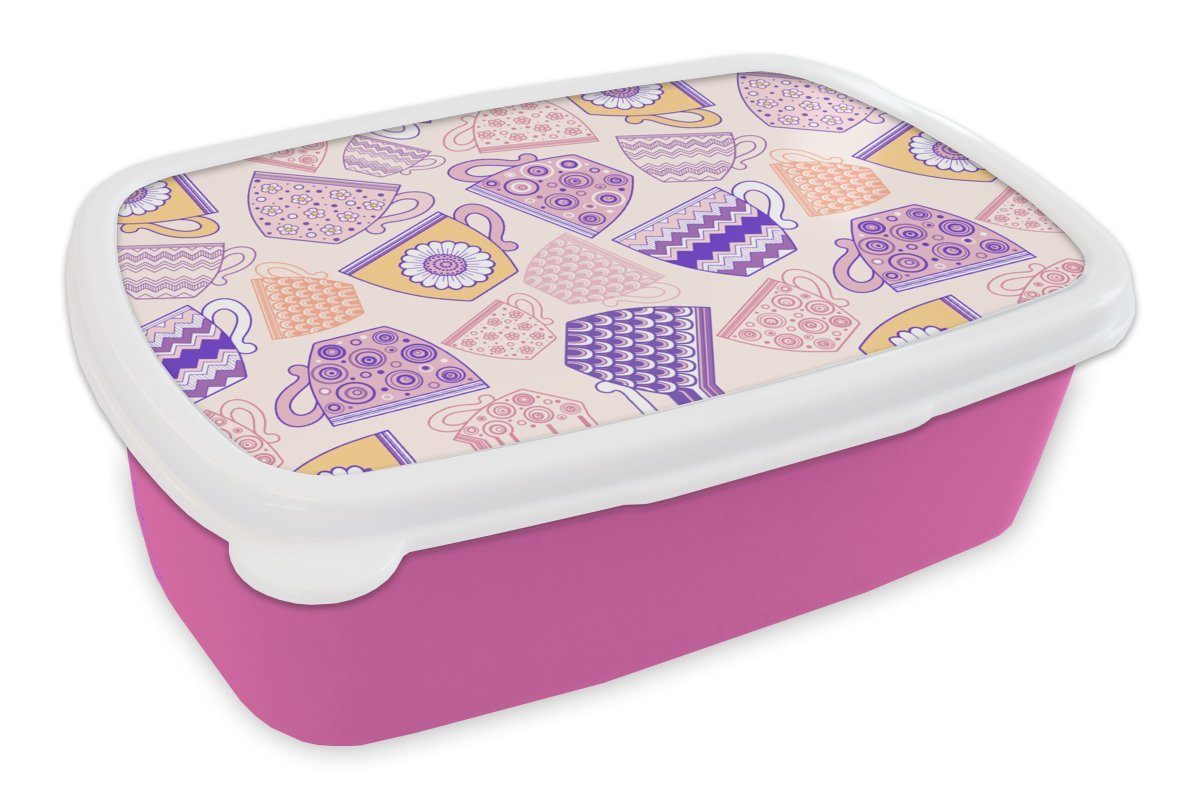 MuchoWow Lunchbox Muster - Teetassen - Tee, Kunststoff, (2-tlg), Brotbox für Erwachsene, Brotdose Kinder, Snackbox, Mädchen, Kunststoff rosa