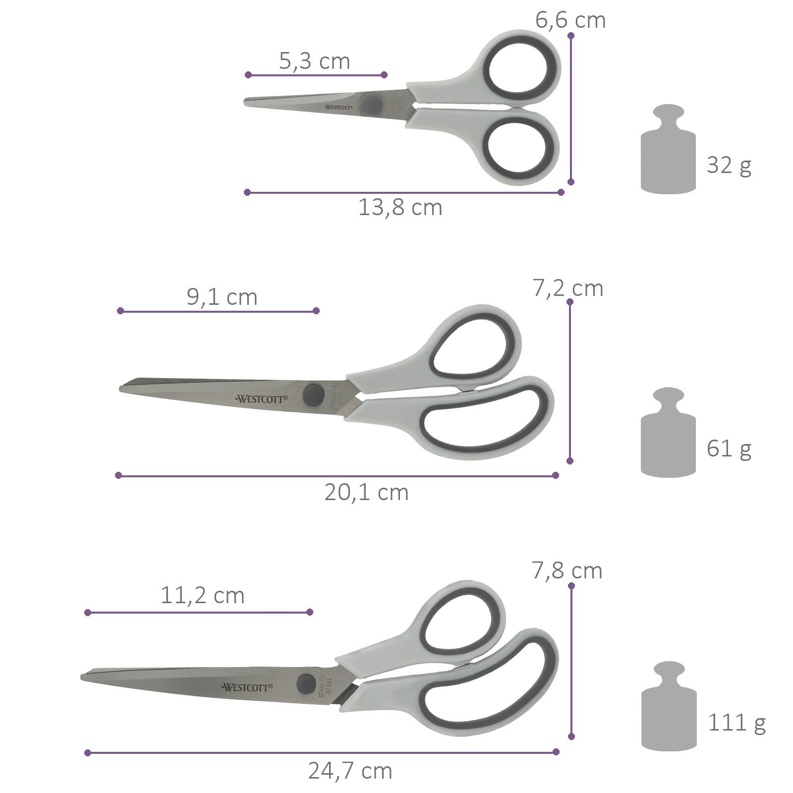 WESTCOTT Scheren-Set Easy Grip Scheren 3 Stück Grau, Universalscheren mit Komfort-Griff, (Vorteilspack, 3-tlg), Extrascharfe & langlebige Edelstahlklinge