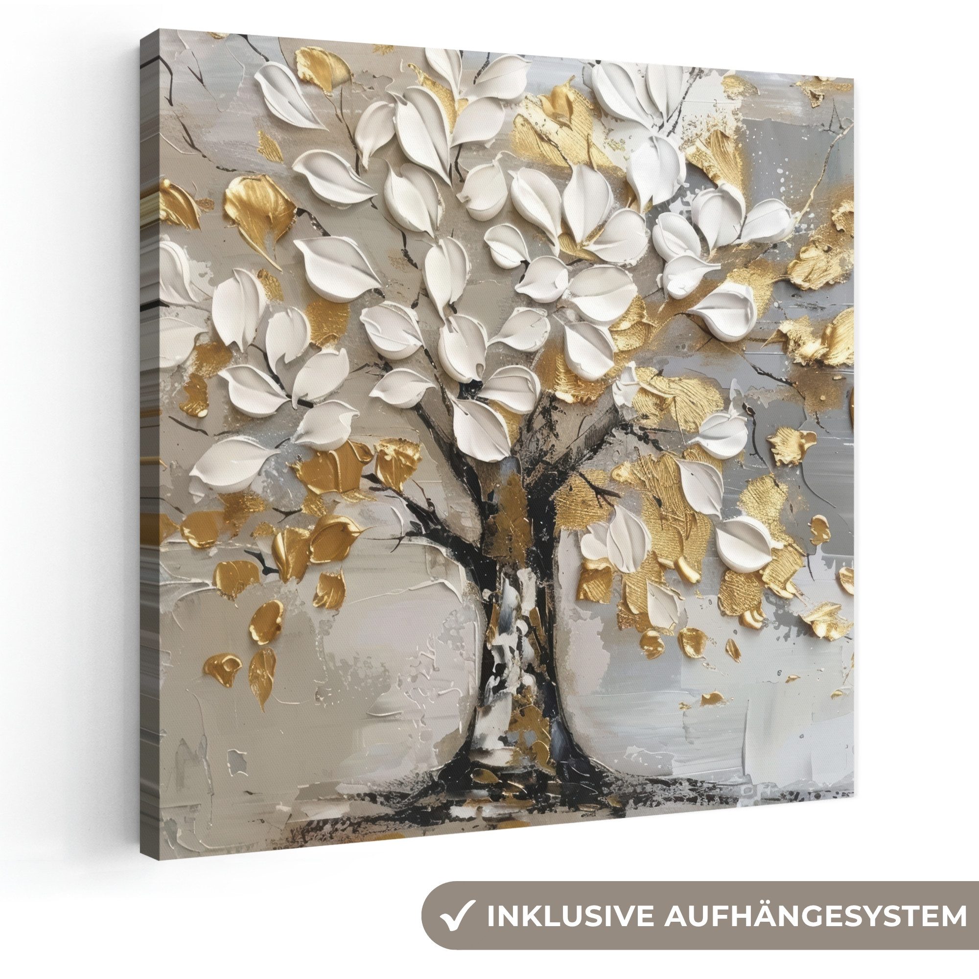 OneMillionCanvasses® Leinwandbild Baum - Beige - Grau - Gold - Abstrakt, Fotodruck (1 St), Wandbild, Deko Schlafzimmer Wohnzimmer Flur 20x20 cm