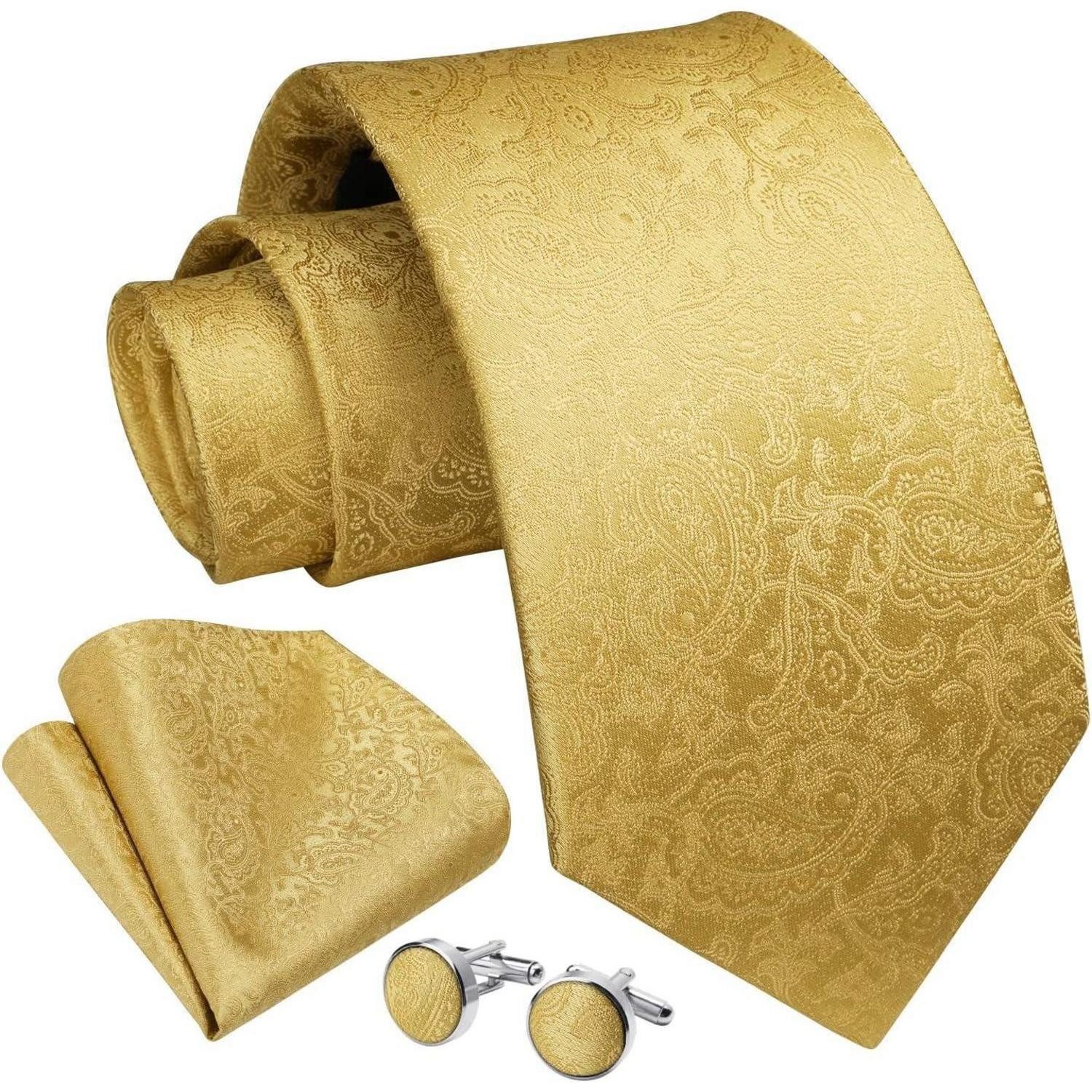 LuxusKollektion Krawatte Krawatten Set Herren Paisley Einstecktuch Gelb Einheitsgröße