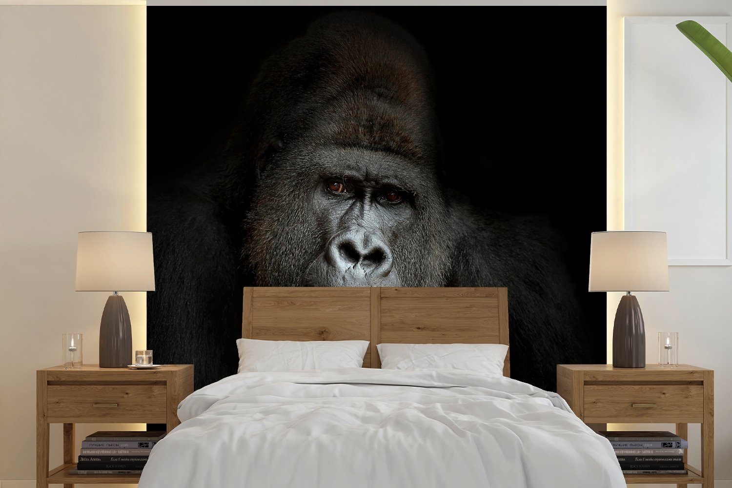 MuchoWow Fototapete Gorilla - Affe (4 Küche, Wohnzimmer Fototapete Vliestapete - Schwarz - Tiere weiß, Matt, für bedruckt, St), und Schlafzimmer