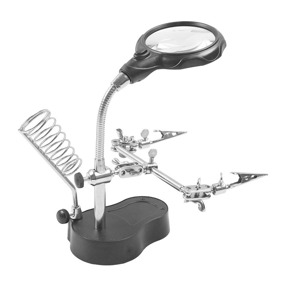 wohnTRAUM24 Standlupe Platinenhalter Dritte Hand Fixierhilfe Helfhende Hand mit Lupe Löthilf, Flexibles Dritte Hand Set mit 3,5x/12x Lupe, LED-Lampe