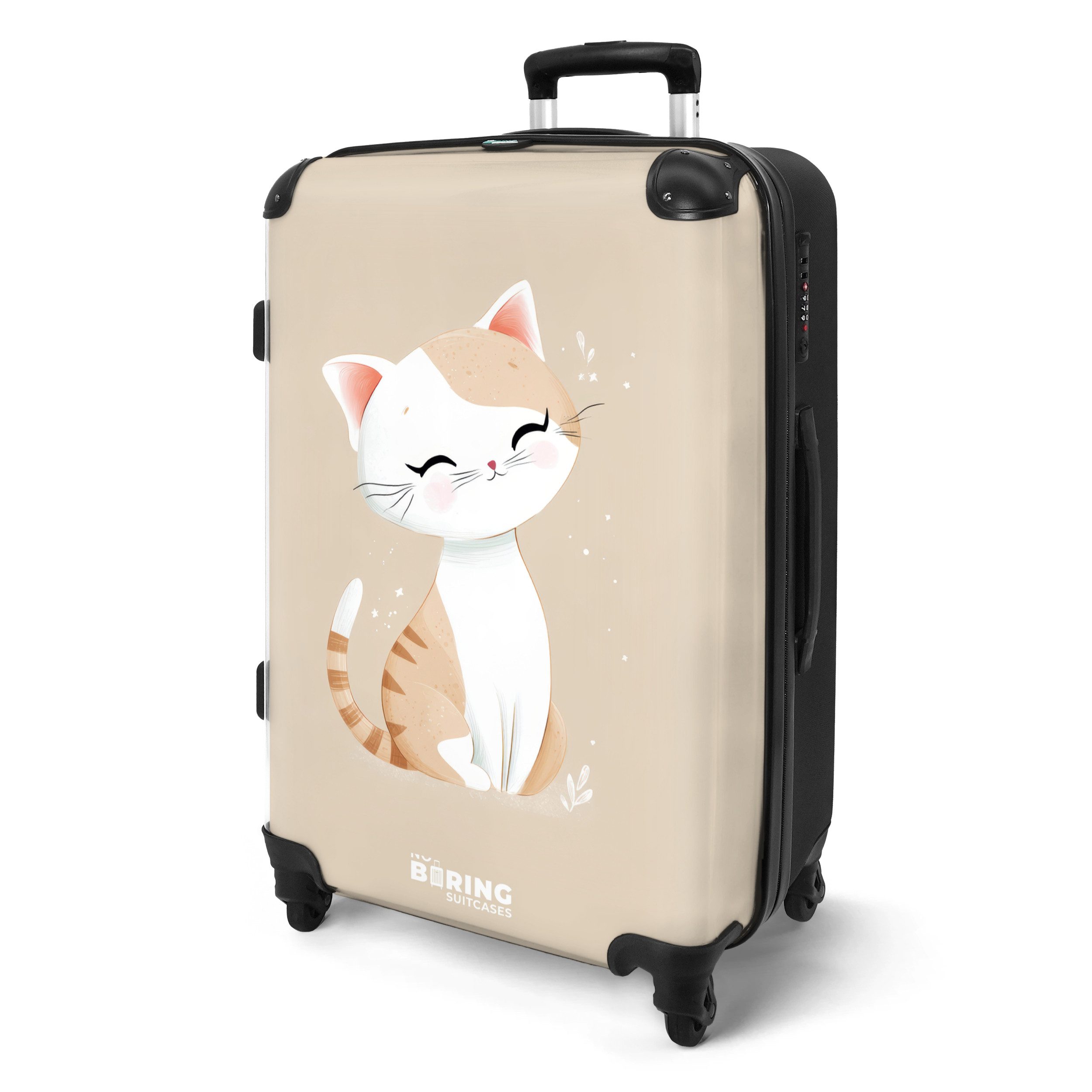 NoBoringSuitcases.com© Kinderkoffer mit leuchtende Räder - Kätzchen in Beige und Weiß 67 cm - 72 L, 4 Rollen, Mittelgroßer Reisetasche mit Rollen für 20kg, Kinderkoffer