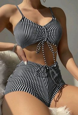 HOTDUCK Balconette-Bikini Geteilte gestreifte Halfter Kordelzug Modell Bikini Badeanzug Frauen